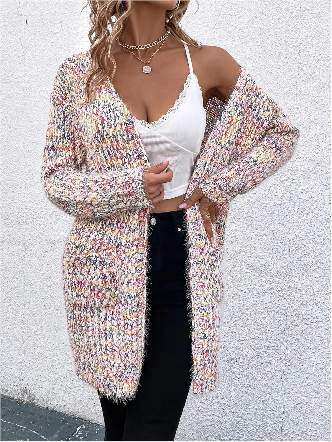 MakeMeChic Women's Space Dye Open Front Cardigan Sweaters Long Sleeve Drop Shoulder Knit Sweater