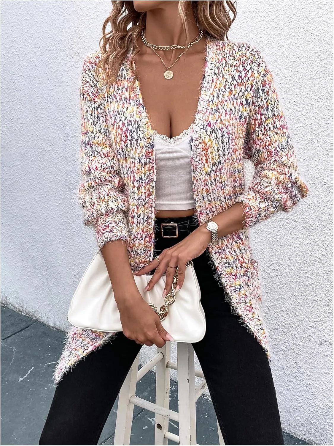 MakeMeChic Women's Space Dye Open Front Cardigan Sweaters Long Sleeve Drop Shoulder Knit Sweater