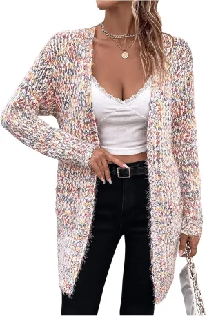 MakeMeChic Women's Space Dye Open Front Cardigan Sweaters Long Sleeve Drop Shoulder Knit Sweater