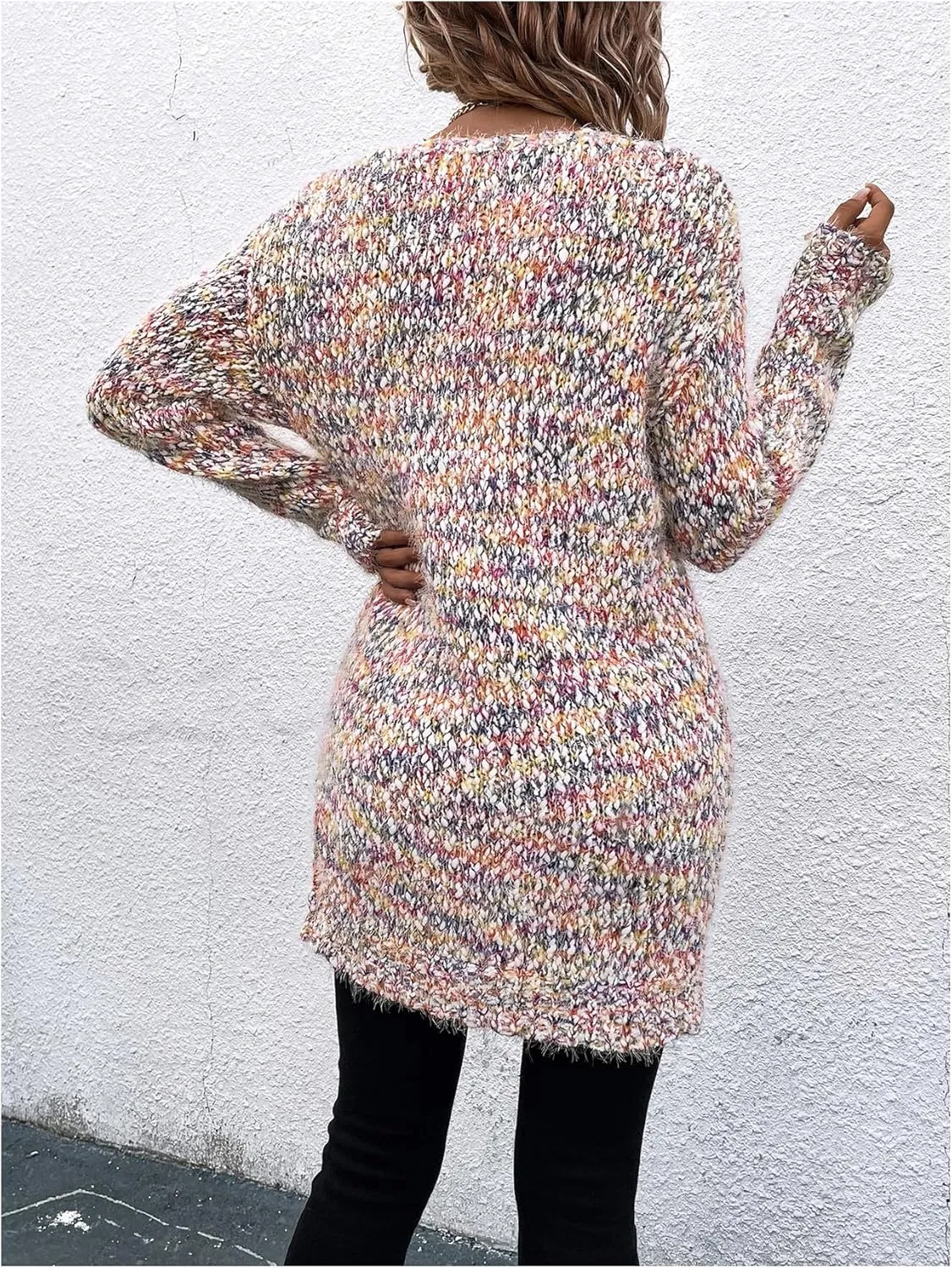 MakeMeChic Women's Space Dye Open Front Cardigan Sweaters Long Sleeve Drop Shoulder Knit Sweater