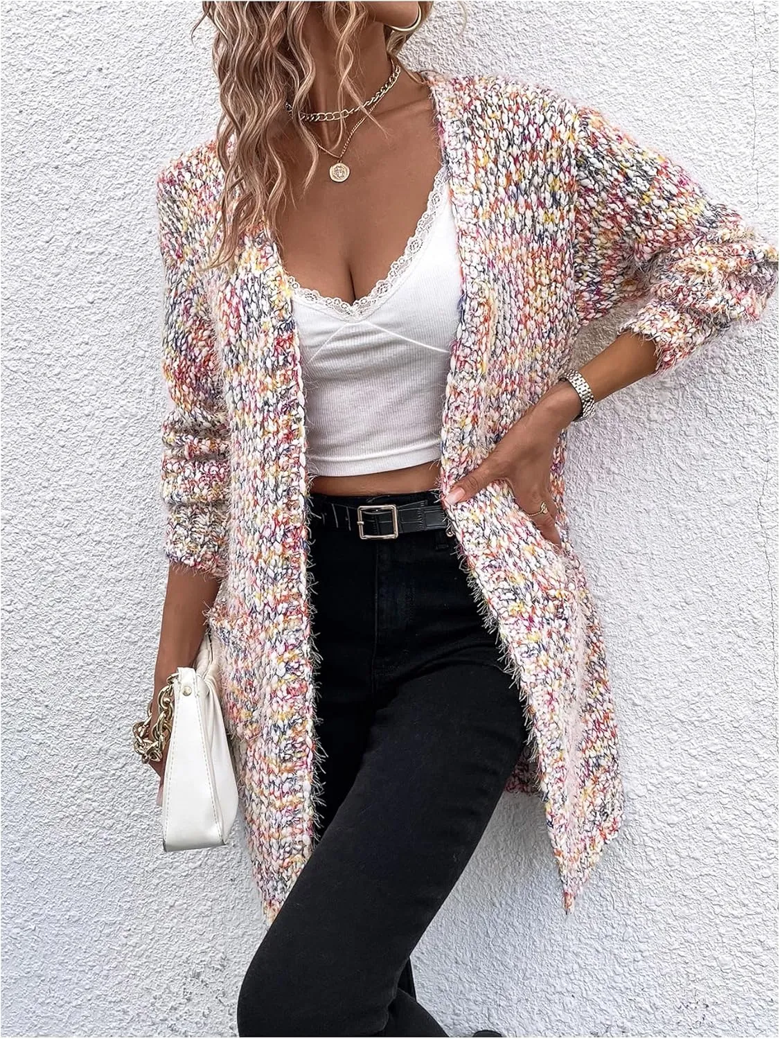 MakeMeChic Women's Space Dye Open Front Cardigan Sweaters Long Sleeve Drop Shoulder Knit Sweater