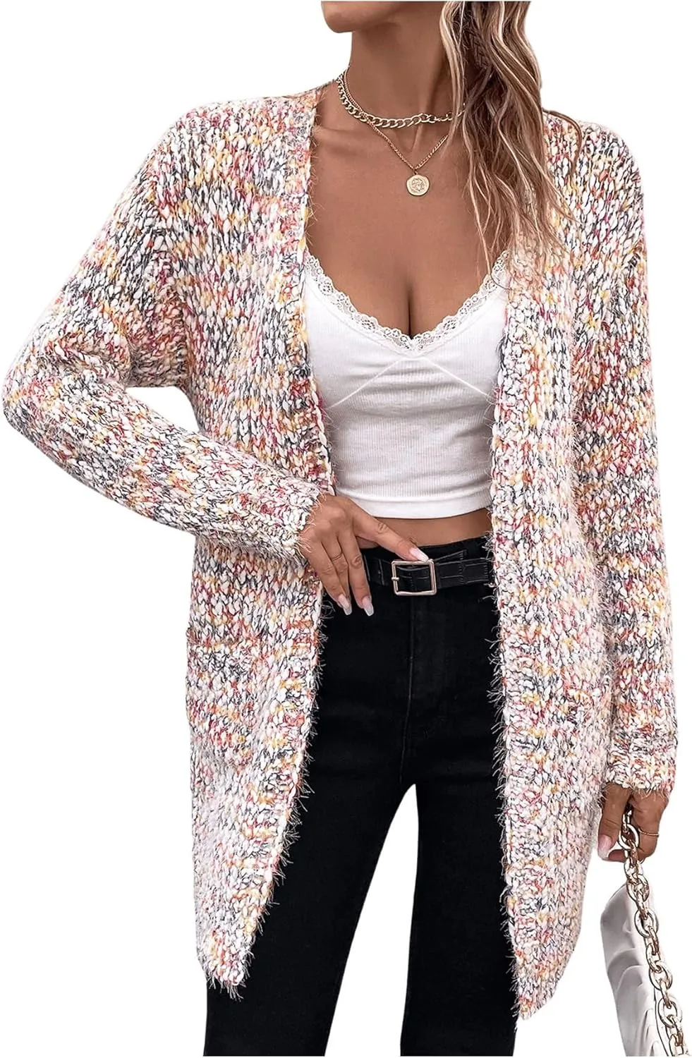 MakeMeChic Women's Space Dye Open Front Cardigan Sweaters Long Sleeve Drop Shoulder Knit Sweater