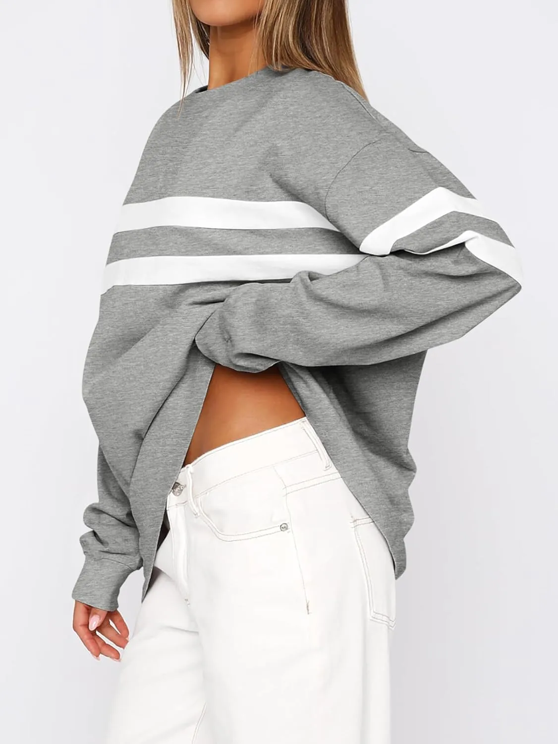MASCOMODA Women's 2025 Striped Oversized Sweatshirt Fall Crewneck Long Sleeve Shirts Casual Color Block Pullover Tops