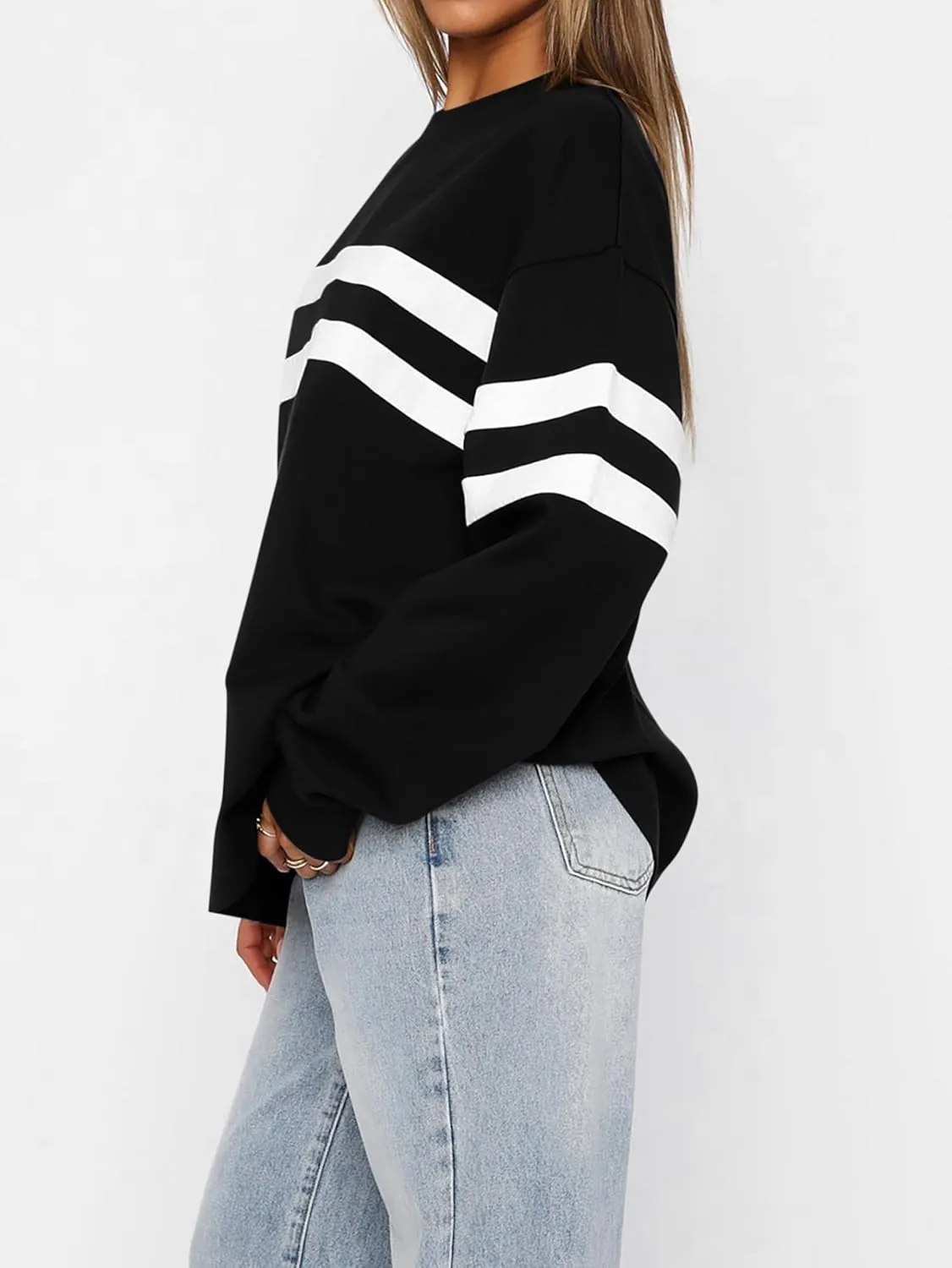 MASCOMODA Women's 2025 Striped Oversized Sweatshirt Fall Crewneck Long Sleeve Shirts Casual Color Block Pullover Tops