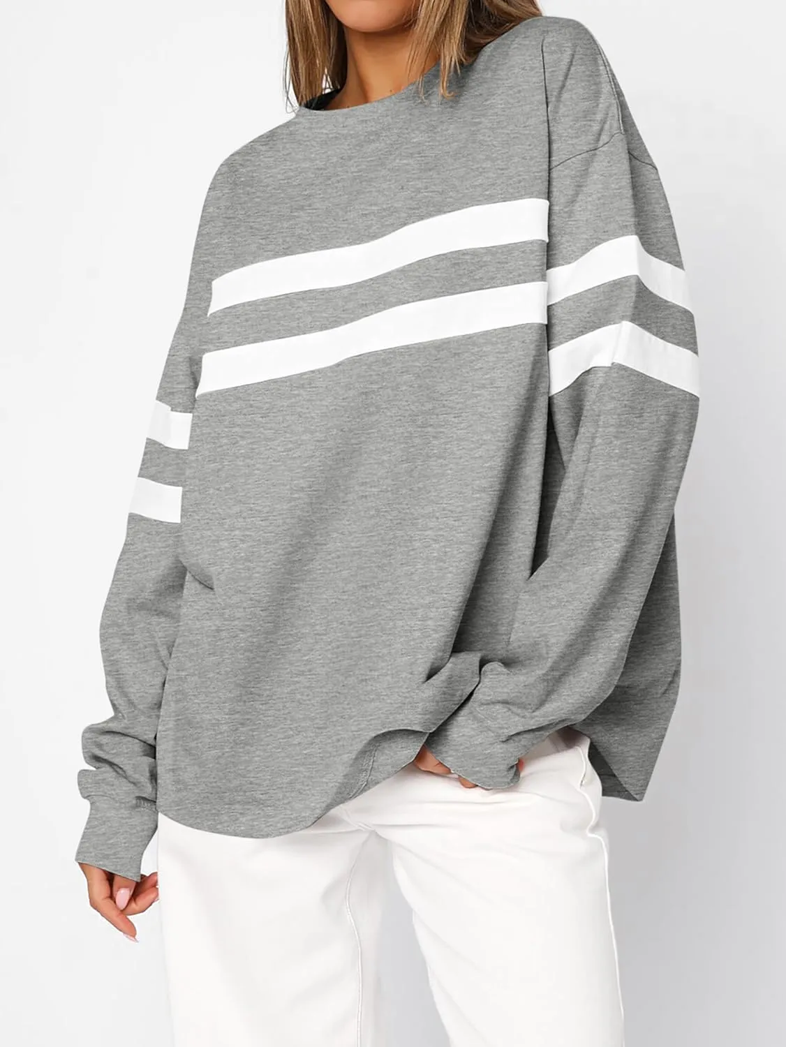 MASCOMODA Women's 2025 Striped Oversized Sweatshirt Fall Crewneck Long Sleeve Shirts Casual Color Block Pullover Tops