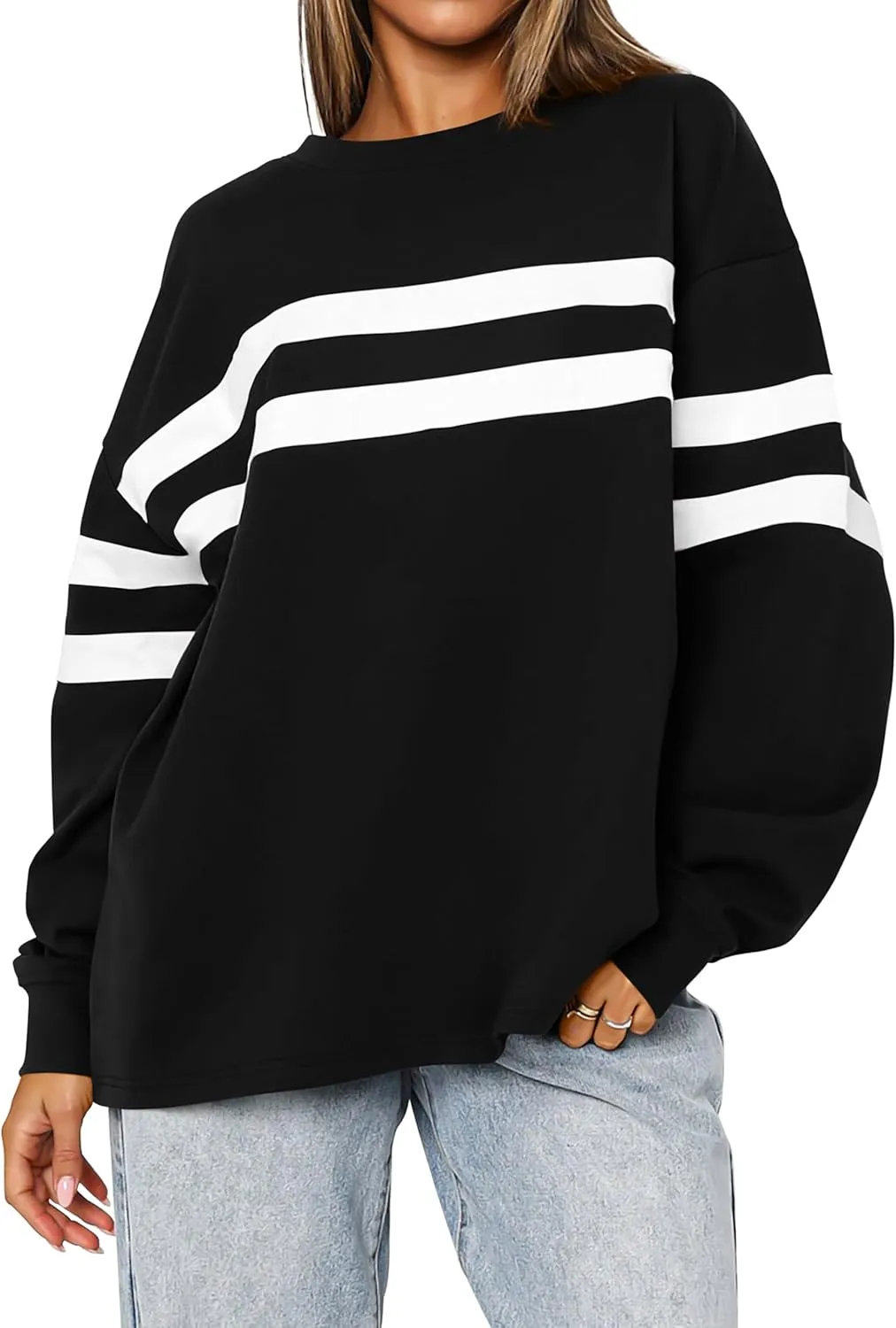 MASCOMODA Women's 2025 Striped Oversized Sweatshirt Fall Crewneck Long Sleeve Shirts Casual Color Block Pullover Tops