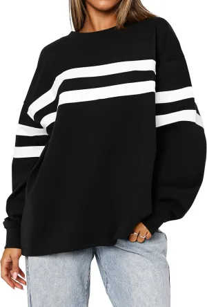 MASCOMODA Women's 2025 Striped Oversized Sweatshirt Fall Crewneck Long Sleeve Shirts Casual Color Block Pullover Tops