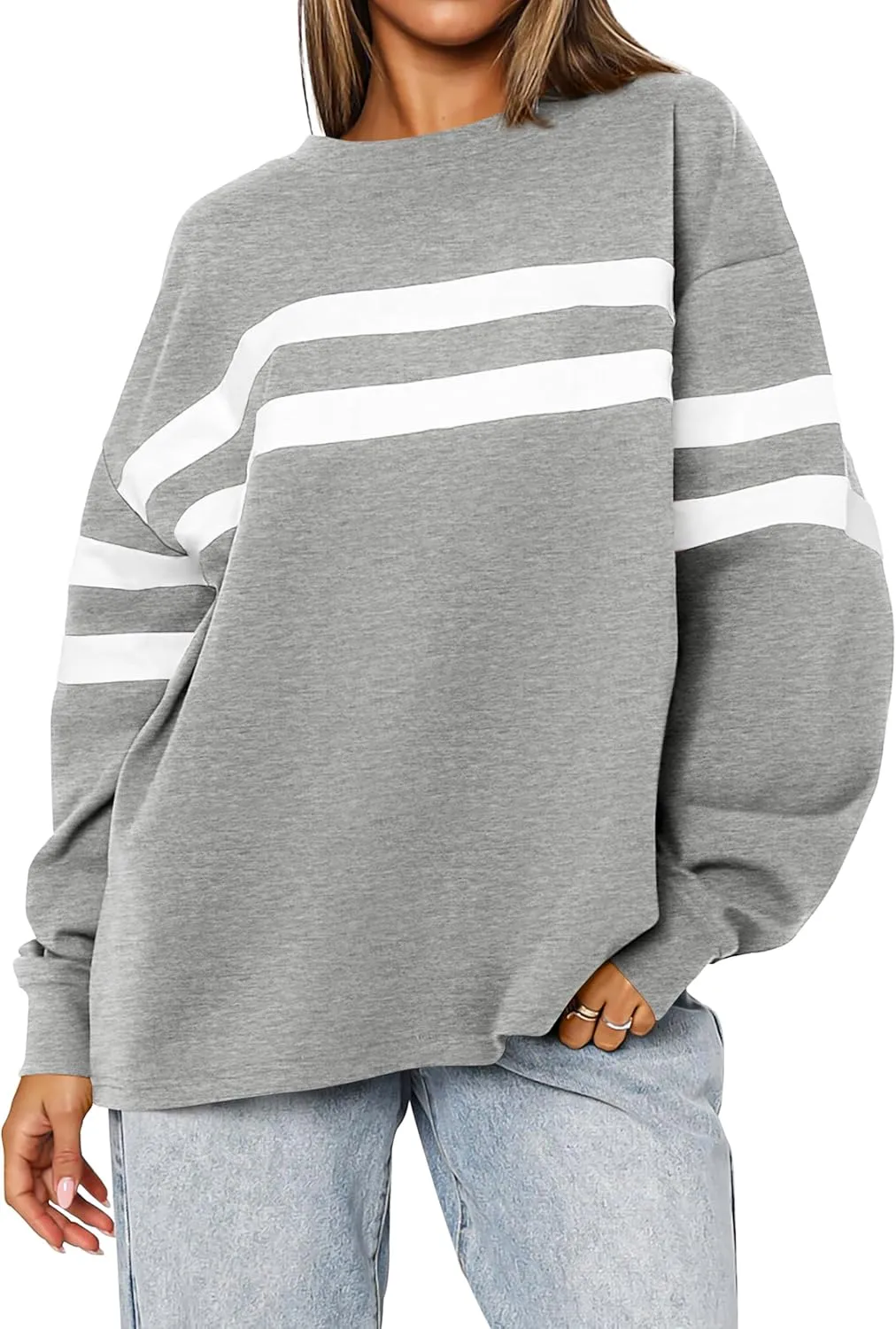 MASCOMODA Women's 2025 Striped Oversized Sweatshirt Fall Crewneck Long Sleeve Shirts Casual Color Block Pullover Tops