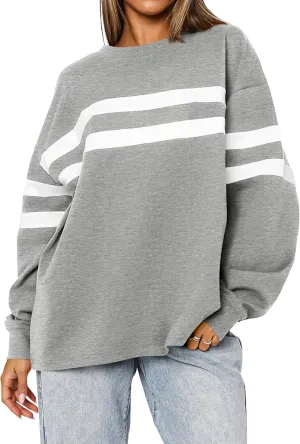 MASCOMODA Women's 2025 Striped Oversized Sweatshirt Fall Crewneck Long Sleeve Shirts Casual Color Block Pullover Tops