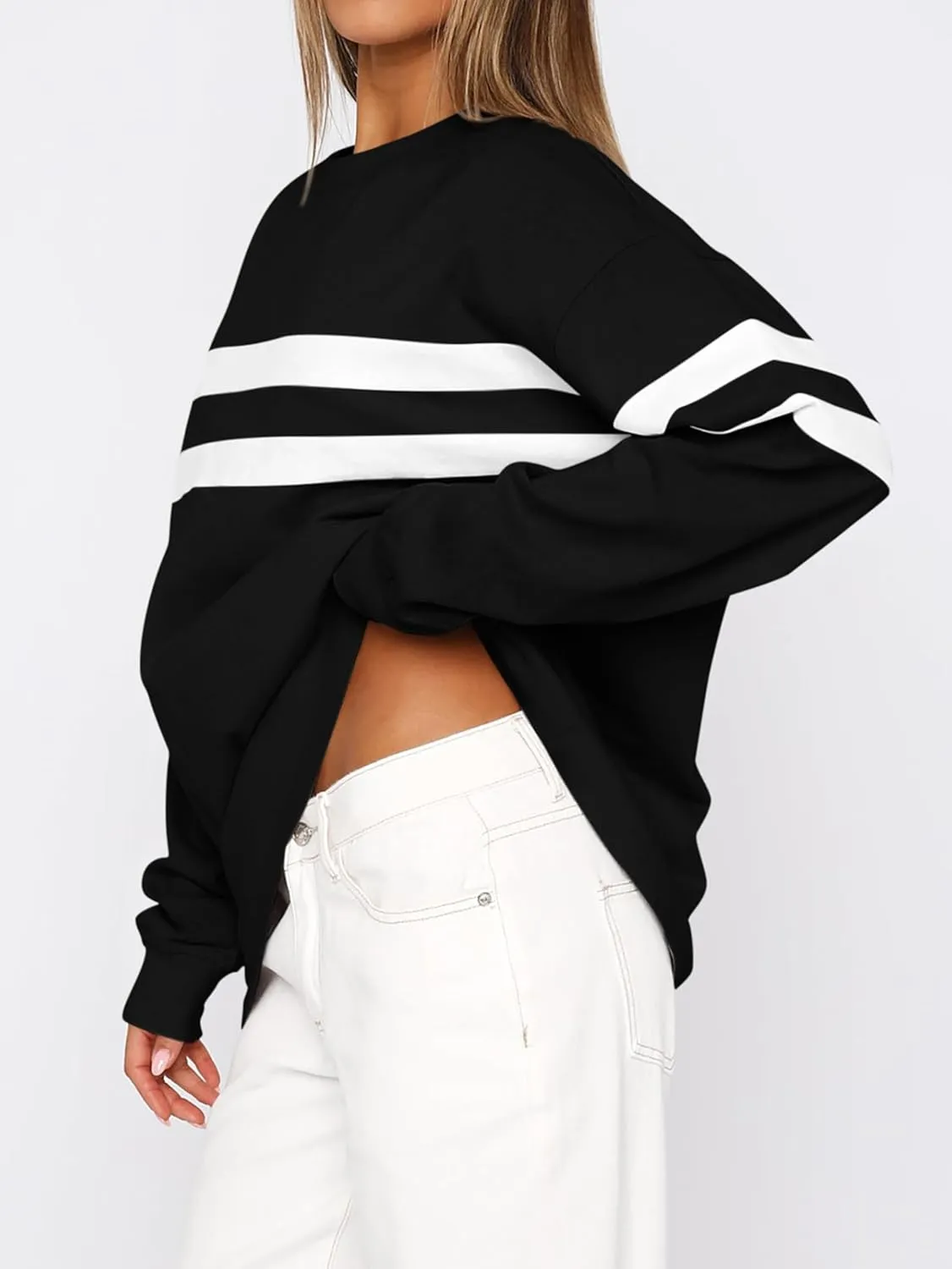 MASCOMODA Women's 2025 Striped Oversized Sweatshirt Fall Crewneck Long Sleeve Shirts Casual Color Block Pullover Tops