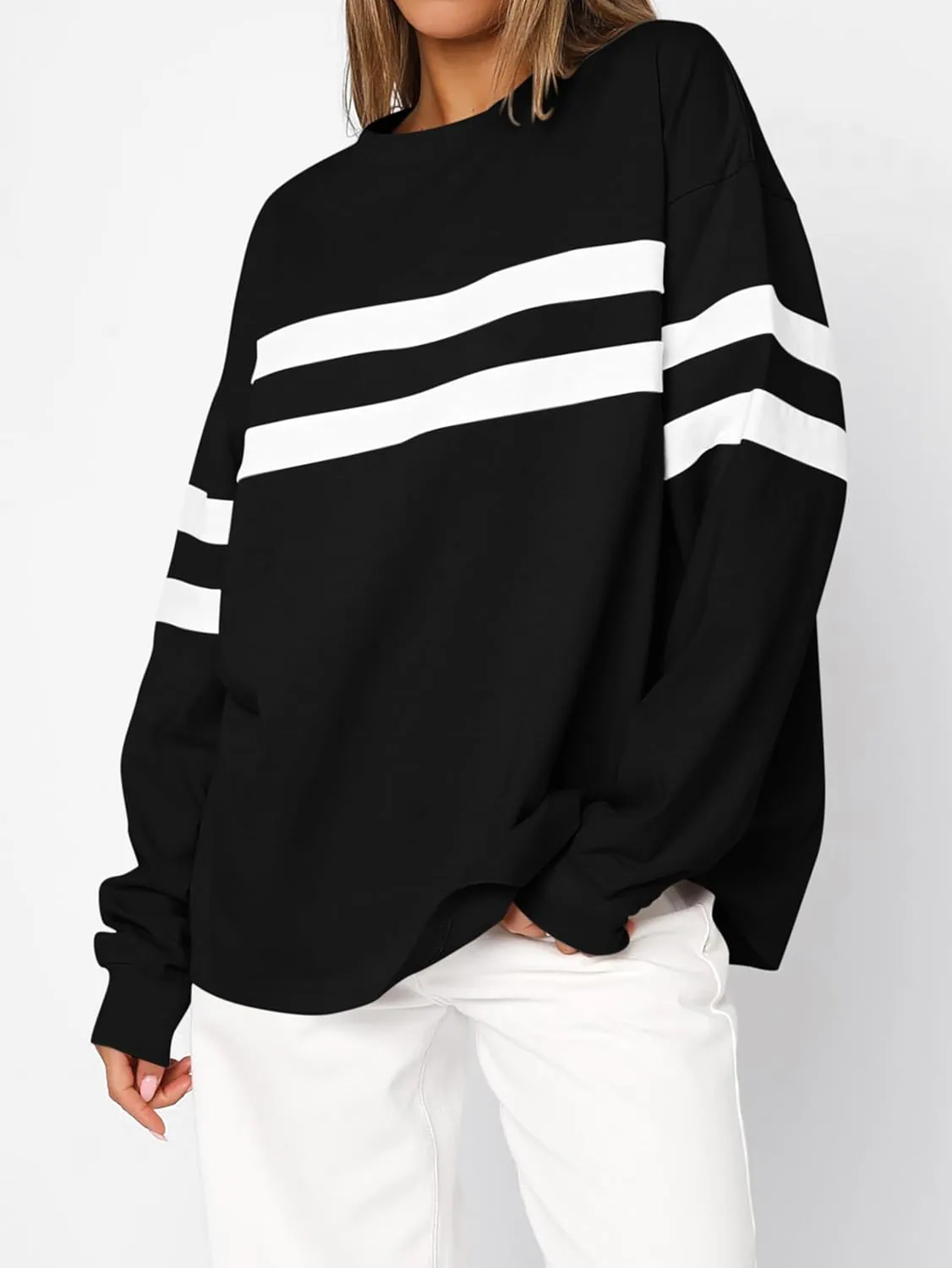 MASCOMODA Women's 2025 Striped Oversized Sweatshirt Fall Crewneck Long Sleeve Shirts Casual Color Block Pullover Tops