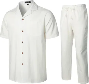 Men's 2 Piece Outfits Summer Relaxed Fit Walking Suit Casual Cuban Guayabera Shirt and Pants Set Beach Vacation