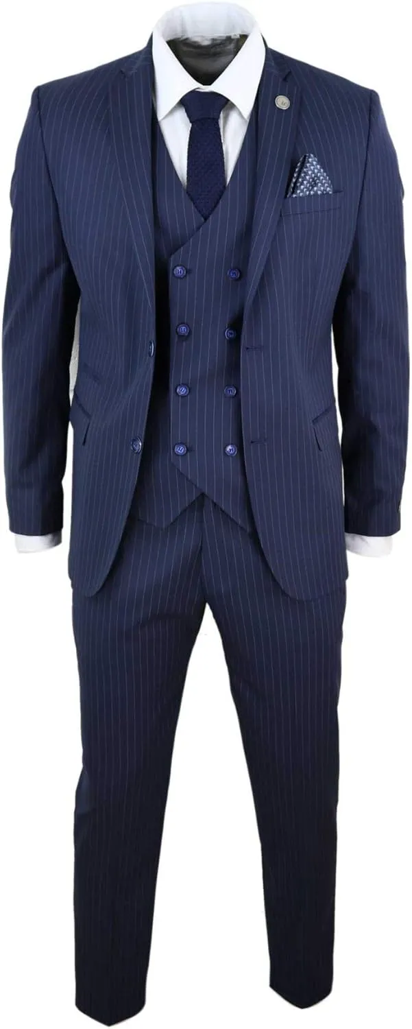 Mens 3 Piece Suit Gatsby 1920s Gangster Pinstripe Tailored Fit