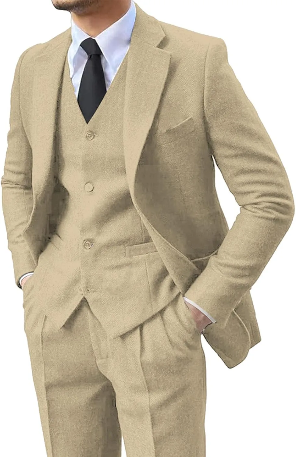 Men's 3 Pieces Suit Retro Slim Fit Suit Tweed Herringbone Business Suit Wedding Party Tuxedos with Blazer Vest Pants