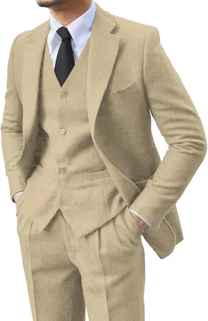 Men's 3 Pieces Suit Retro Slim Fit Suit Tweed Herringbone Business Suit Wedding Party Tuxedos with Blazer Vest Pants