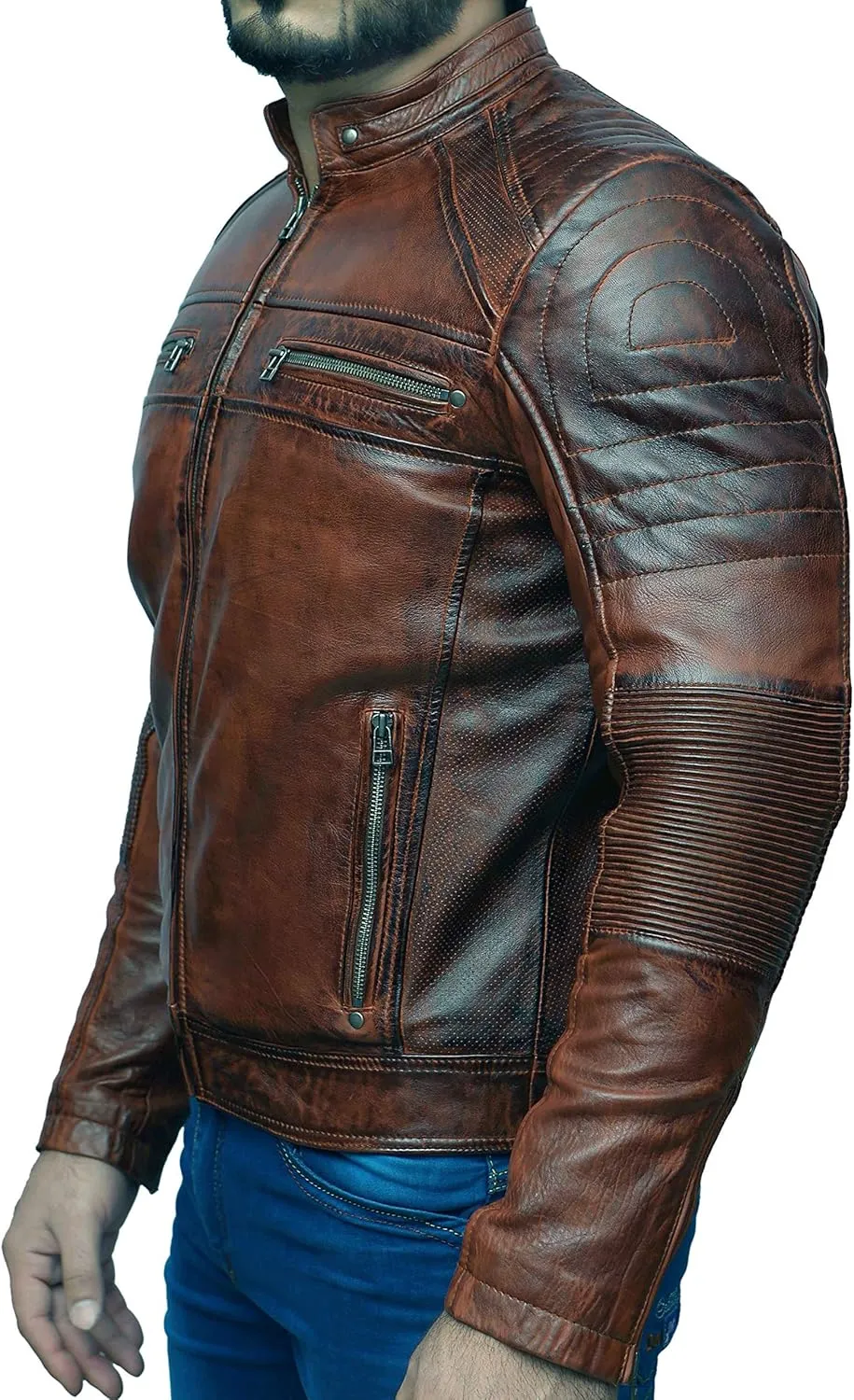 Mens Biker Vintage Antique Brown Cafe Racer Real Leather Jacket