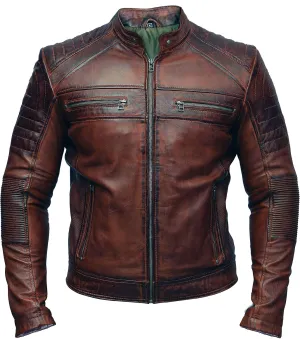 Mens Biker Vintage Antique Brown Cafe Racer Real Leather Jacket