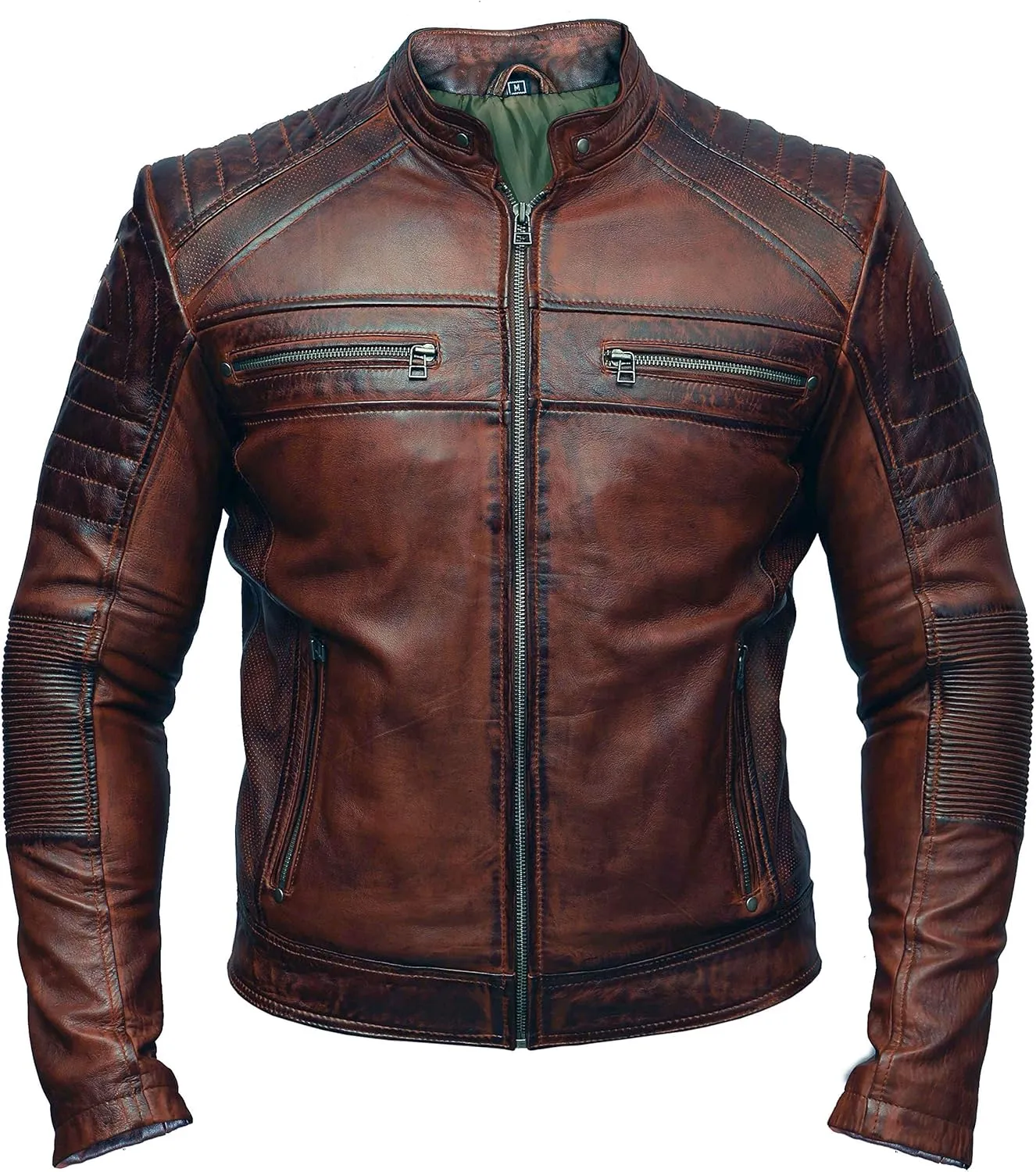 Mens Biker Vintage Antique Brown Cafe Racer Real Leather Jacket