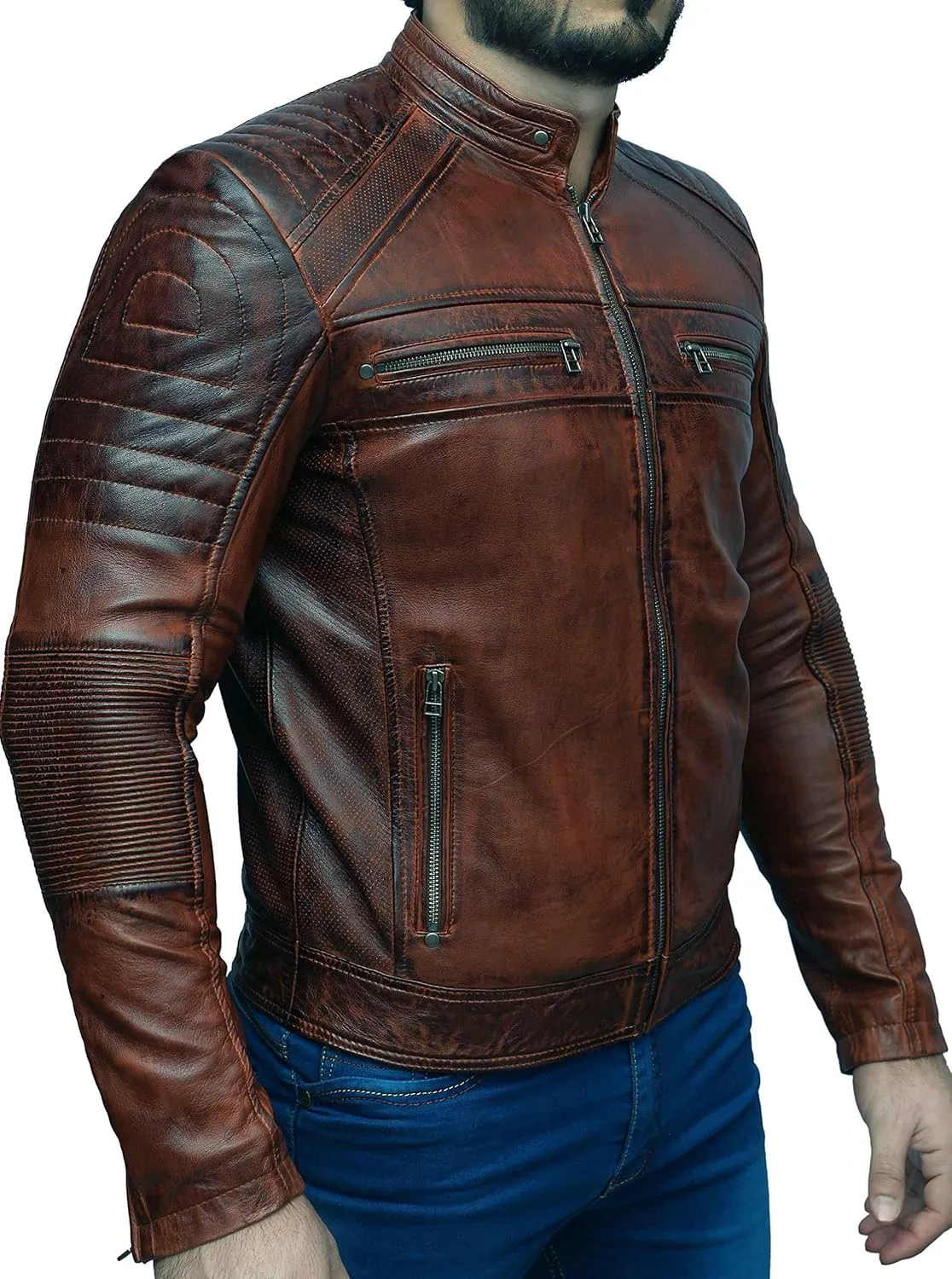 Mens Biker Vintage Antique Brown Cafe Racer Real Leather Jacket