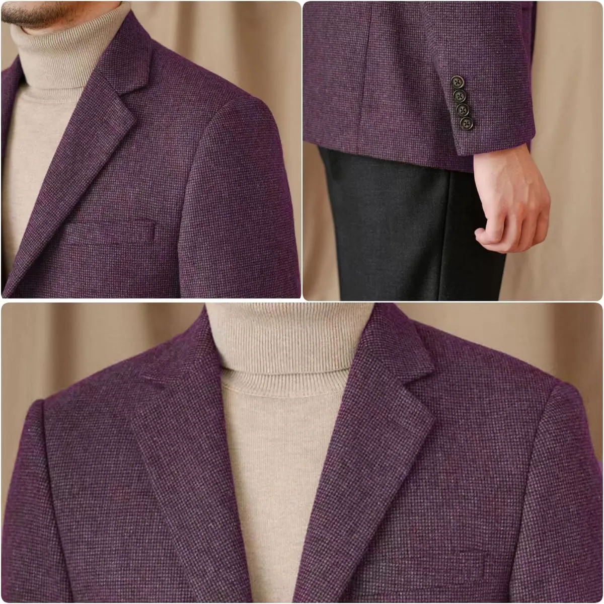 Mens Blazer Vintage Tweed Blend Two Button Sport Formal Coat Jacket with Pocket Square,Elbow Patch