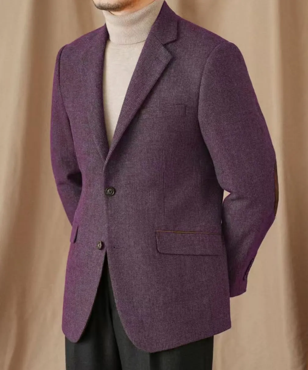 Mens Blazer Vintage Tweed Blend Two Button Sport Formal Coat Jacket with Pocket Square,Elbow Patch