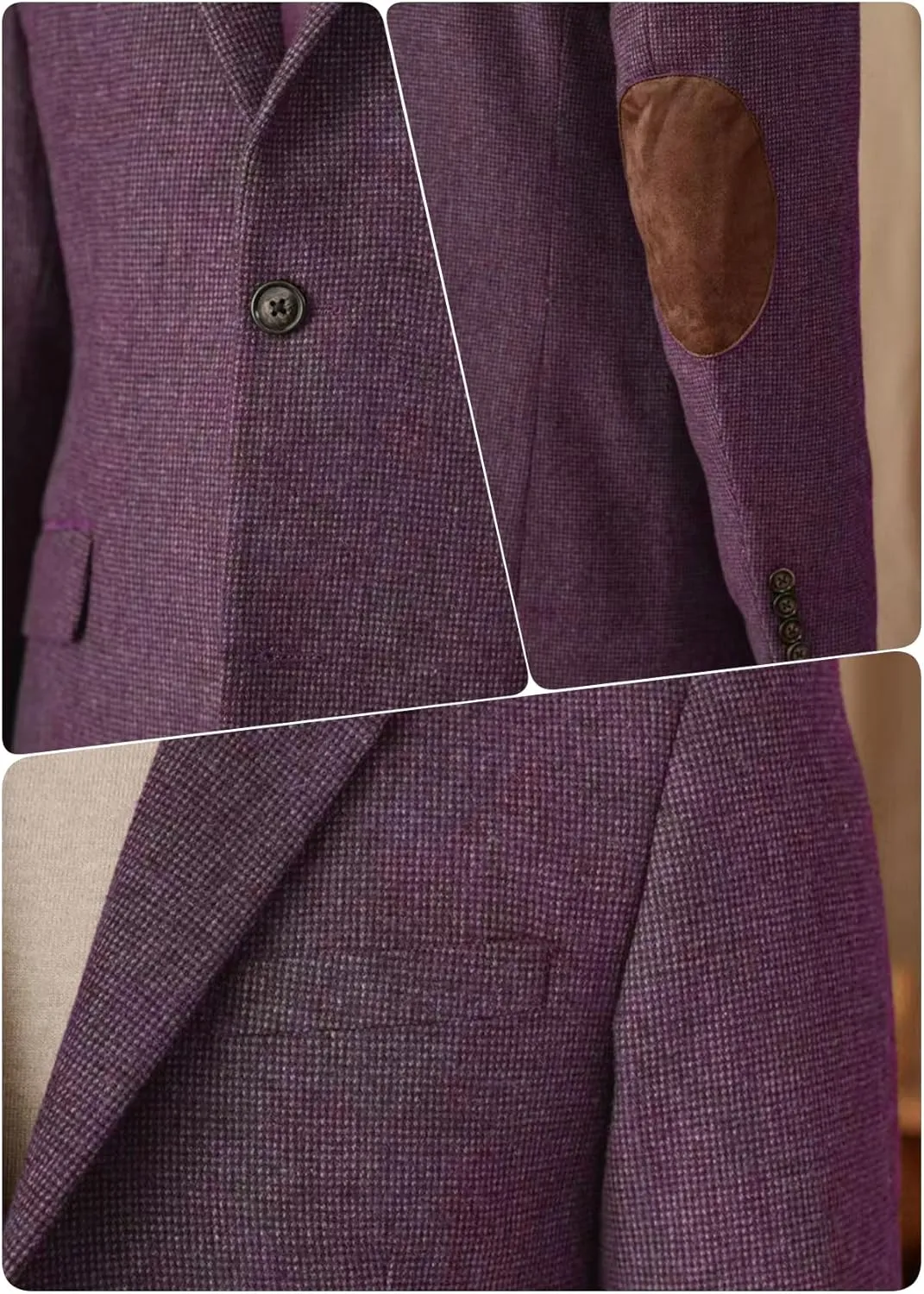 Mens Blazer Vintage Tweed Blend Two Button Sport Formal Coat Jacket with Pocket Square,Elbow Patch