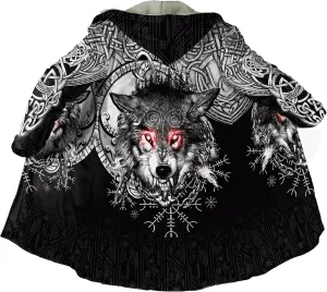 Men's Cashmere Hooded Cloak, 3D Full Print Viking Tattoo, Winter Warm Coat Casual Jacket, Mid-Length Parka, Horn Buckle Robe