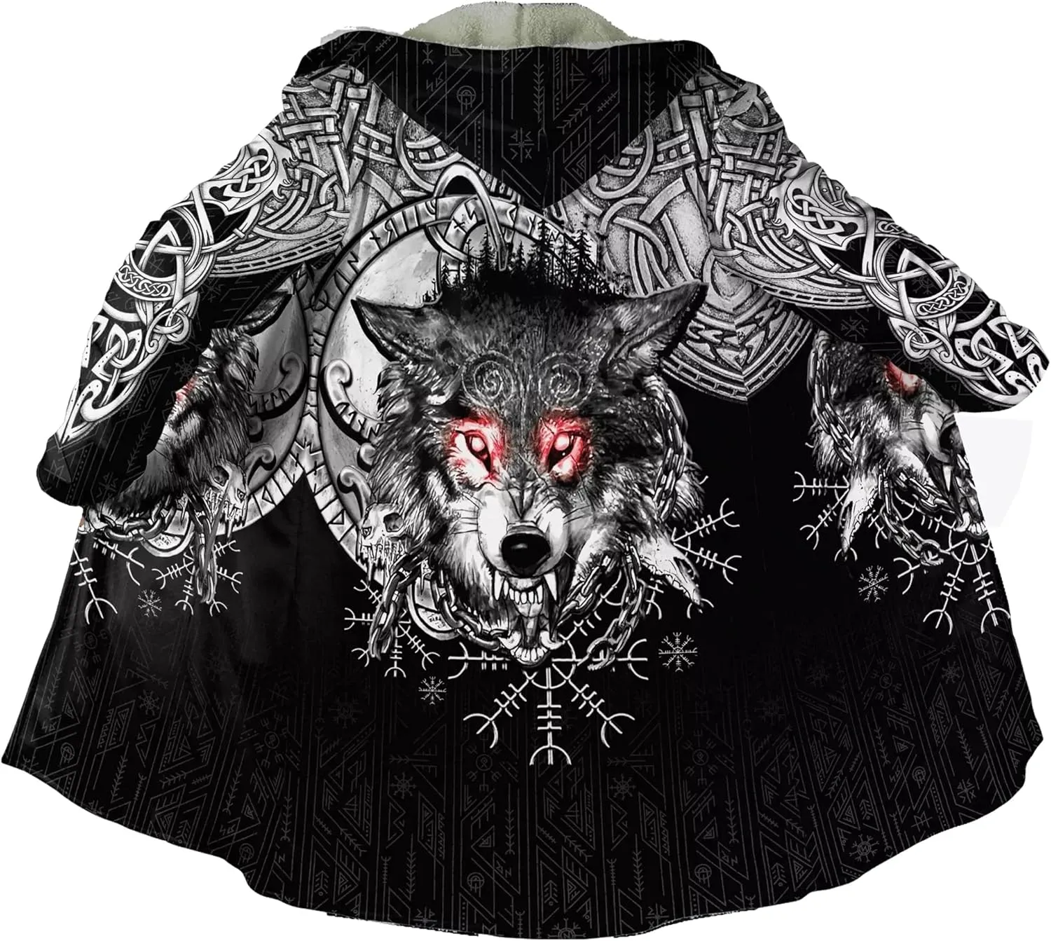 Men's Cashmere Hooded Cloak, 3D Full Print Viking Tattoo, Winter Warm Coat Casual Jacket, Mid-Length Parka, Horn Buckle Robe