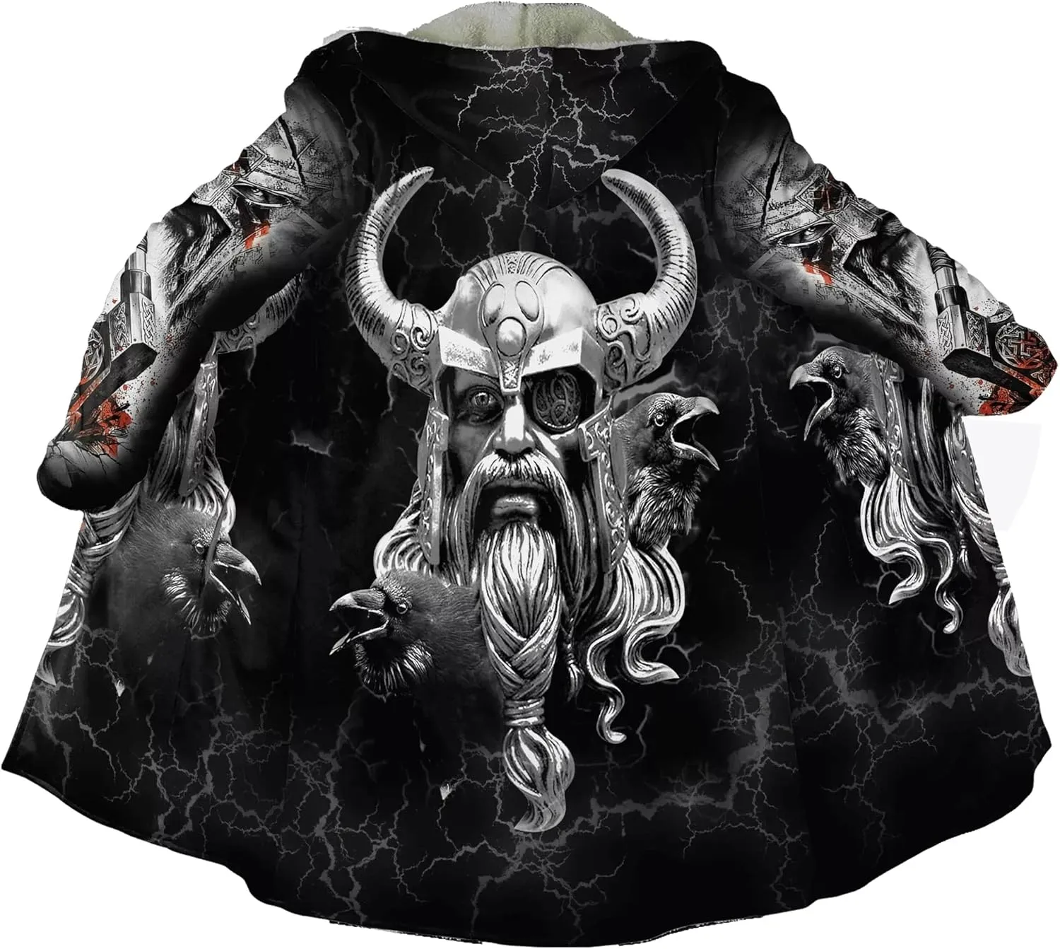 Men's Cashmere Hooded Cloak, 3D Full Print Viking Tattoo, Winter Warm Coat Casual Jacket, Mid-Length Parka, Horn Buckle Robe