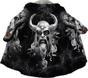 Men's Cashmere Hooded Cloak, 3D Full Print Viking Tattoo, Winter Warm Coat Casual Jacket, Mid-Length Parka, Horn Buckle Robe