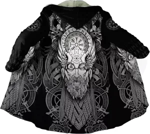 Men's Cashmere Hooded Cloak, 3D Full Print Viking Tattoo, Winter Warm Coat Casual Jacket, Mid-Length Parka, Horn Buckle Robe
