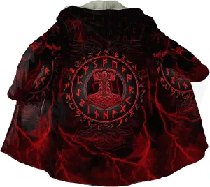Men's Cashmere Hooded Cloak, 3D Full Print Viking Tattoo, Winter Warm Coat Casual Jacket, Mid-Length Parka, Horn Buckle Robe