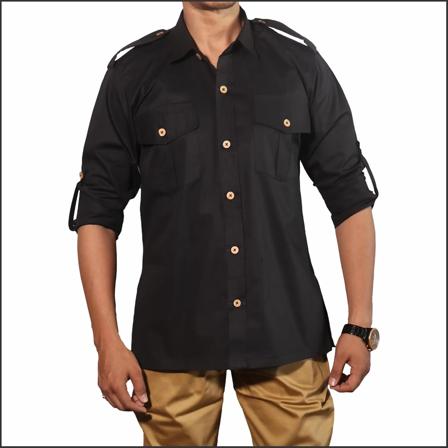 Men's Cotton 2 Pocket Hunting Safari Shirt with Coconut Shell Buttons Quick Dry Hiking Travel Fishing Long Sleeve Cargo Style