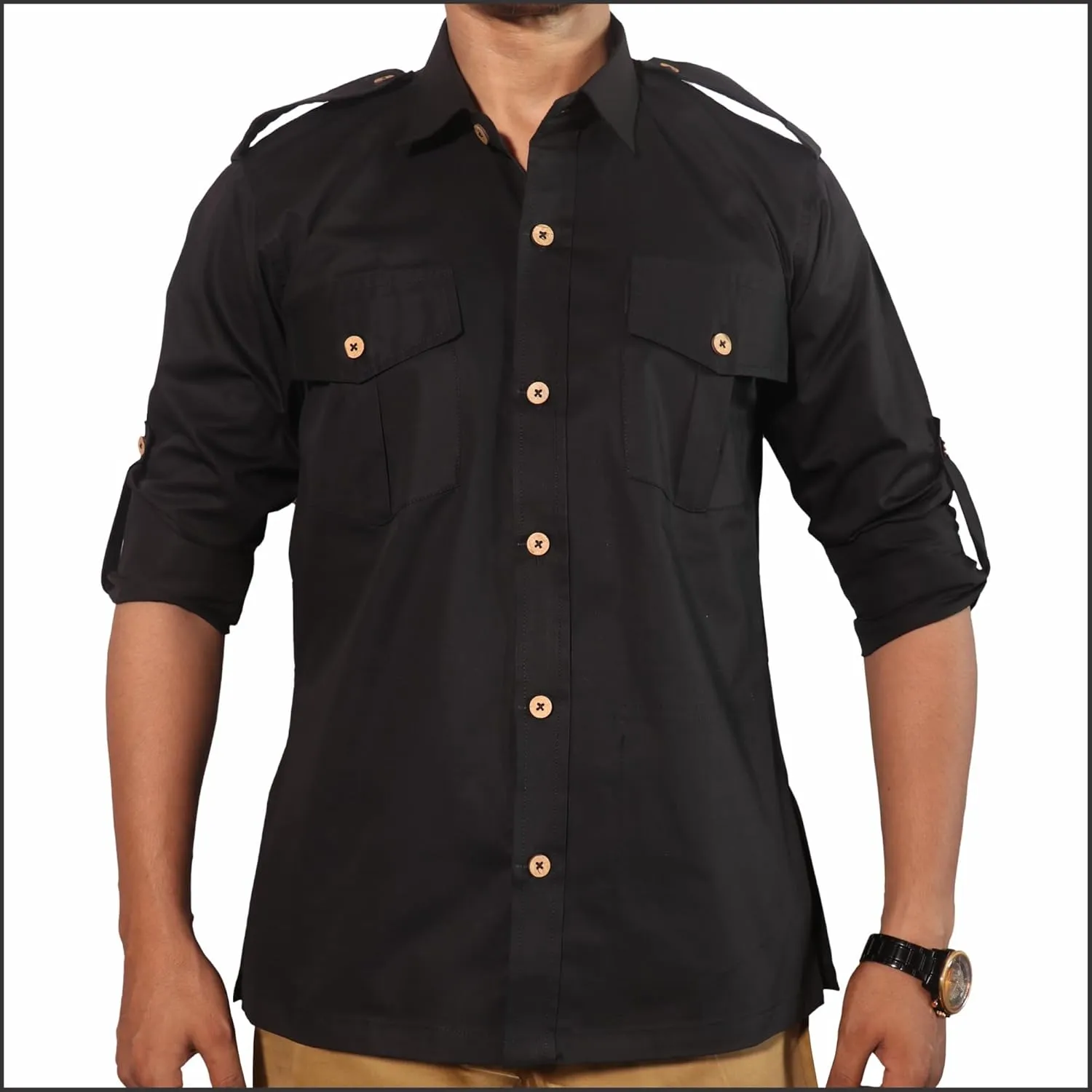 Men's Cotton 2 Pocket Hunting Safari Shirt with Coconut Shell Buttons Quick Dry Hiking Travel Fishing Long Sleeve Cargo Style