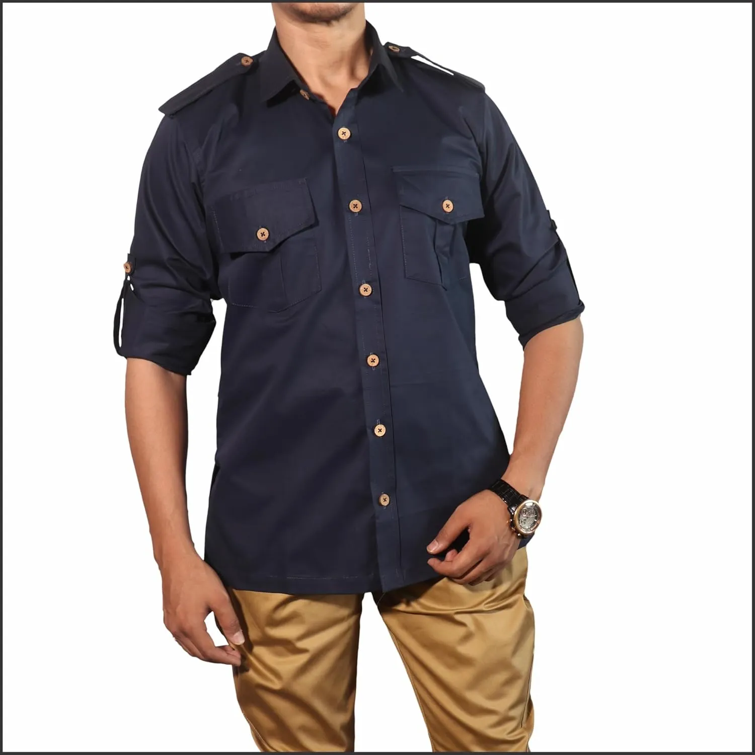 Men's Cotton 2 Pocket Hunting Safari Shirt with Coconut Shell Buttons Quick Dry Hiking Travel Fishing Long Sleeve Cargo Style