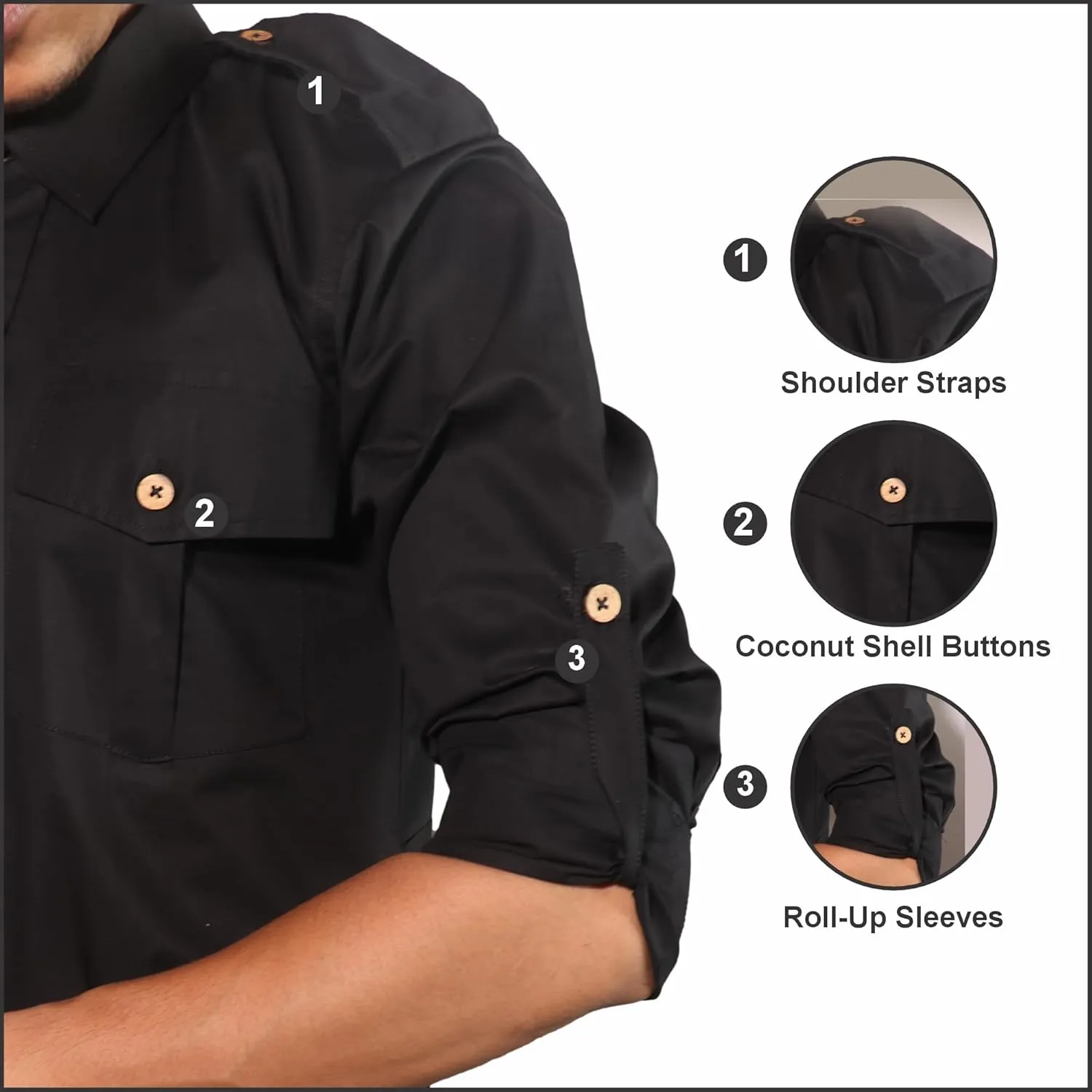 Men's Cotton 2 Pocket Hunting Safari Shirt with Coconut Shell Buttons Quick Dry Hiking Travel Fishing Long Sleeve Cargo Style