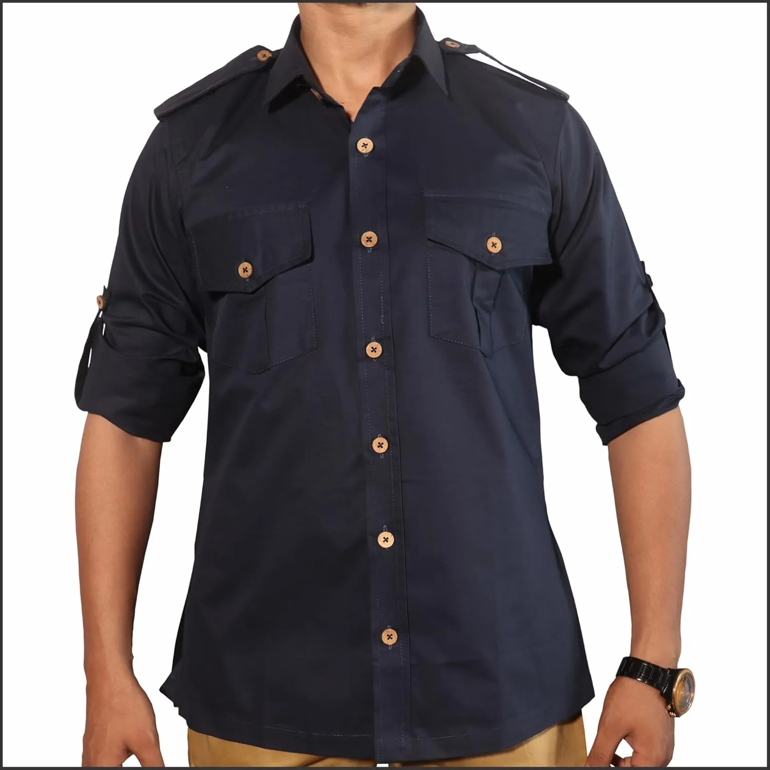 Men's Cotton 2 Pocket Hunting Safari Shirt with Coconut Shell Buttons Quick Dry Hiking Travel Fishing Long Sleeve Cargo Style