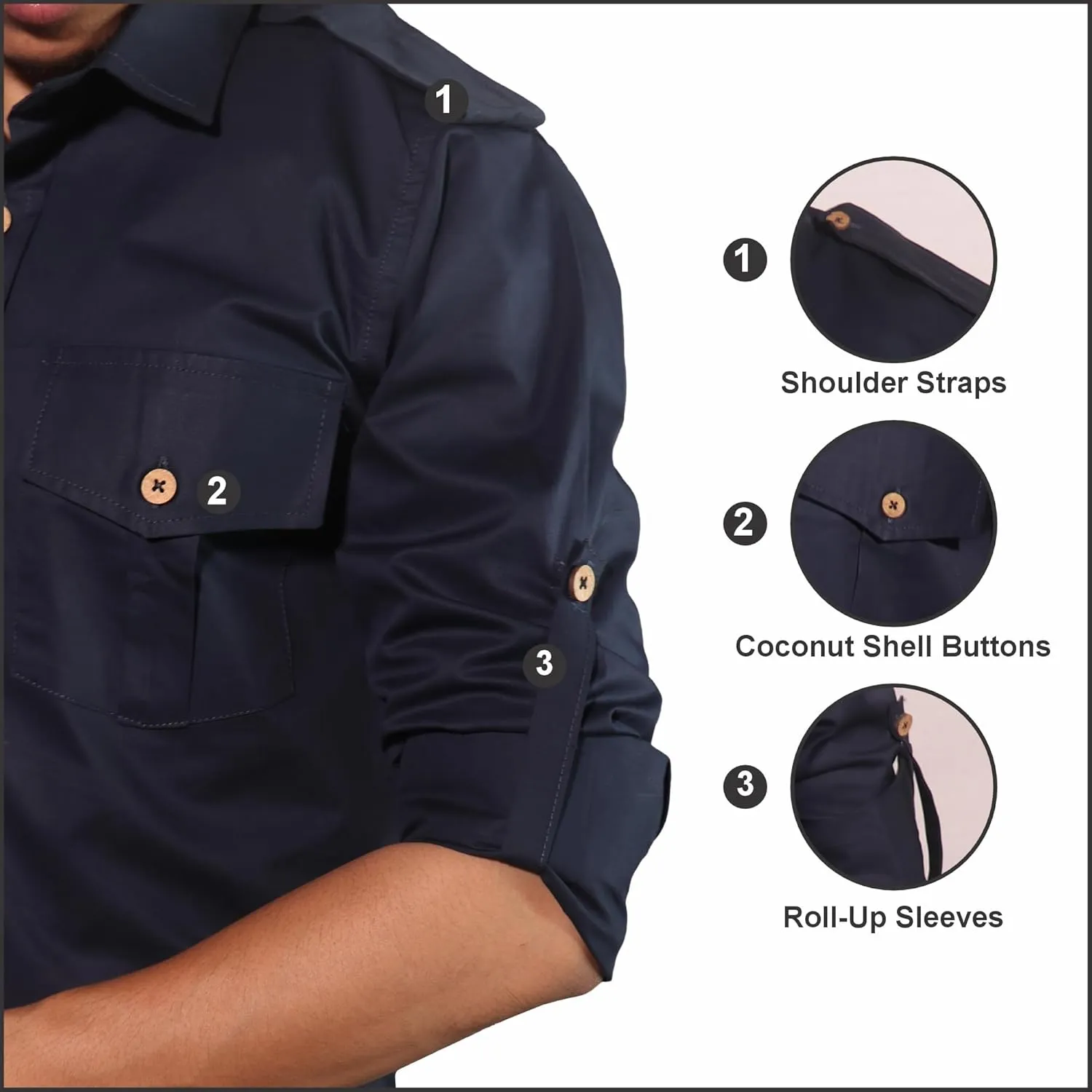 Men's Cotton 2 Pocket Hunting Safari Shirt with Coconut Shell Buttons Quick Dry Hiking Travel Fishing Long Sleeve Cargo Style