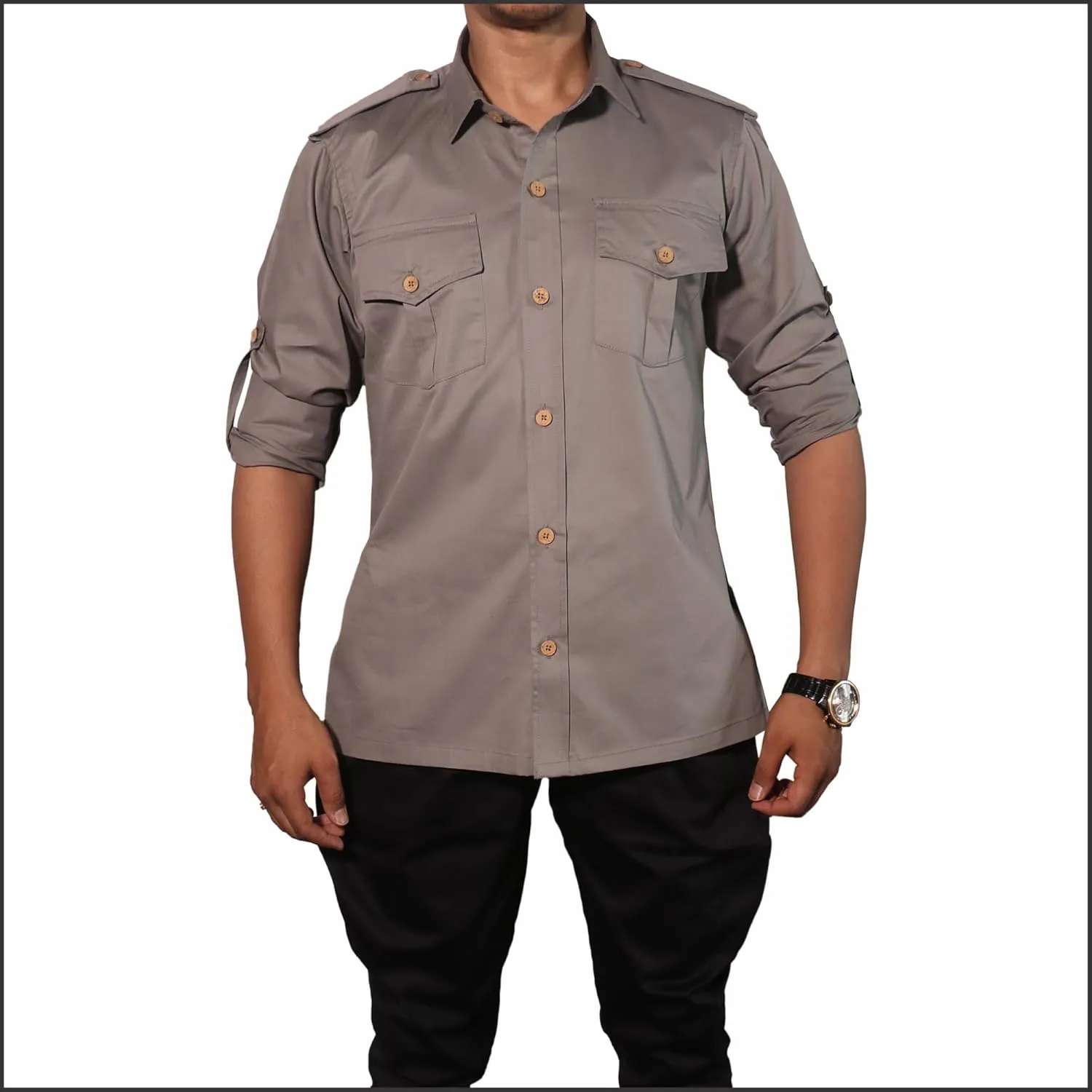 Men's Cotton 4 Pocket Hunting Safari Shirt with Coconut Shell Buttons Quick Dry Hiking Travel Fishing Long Sleeve Cargo Style