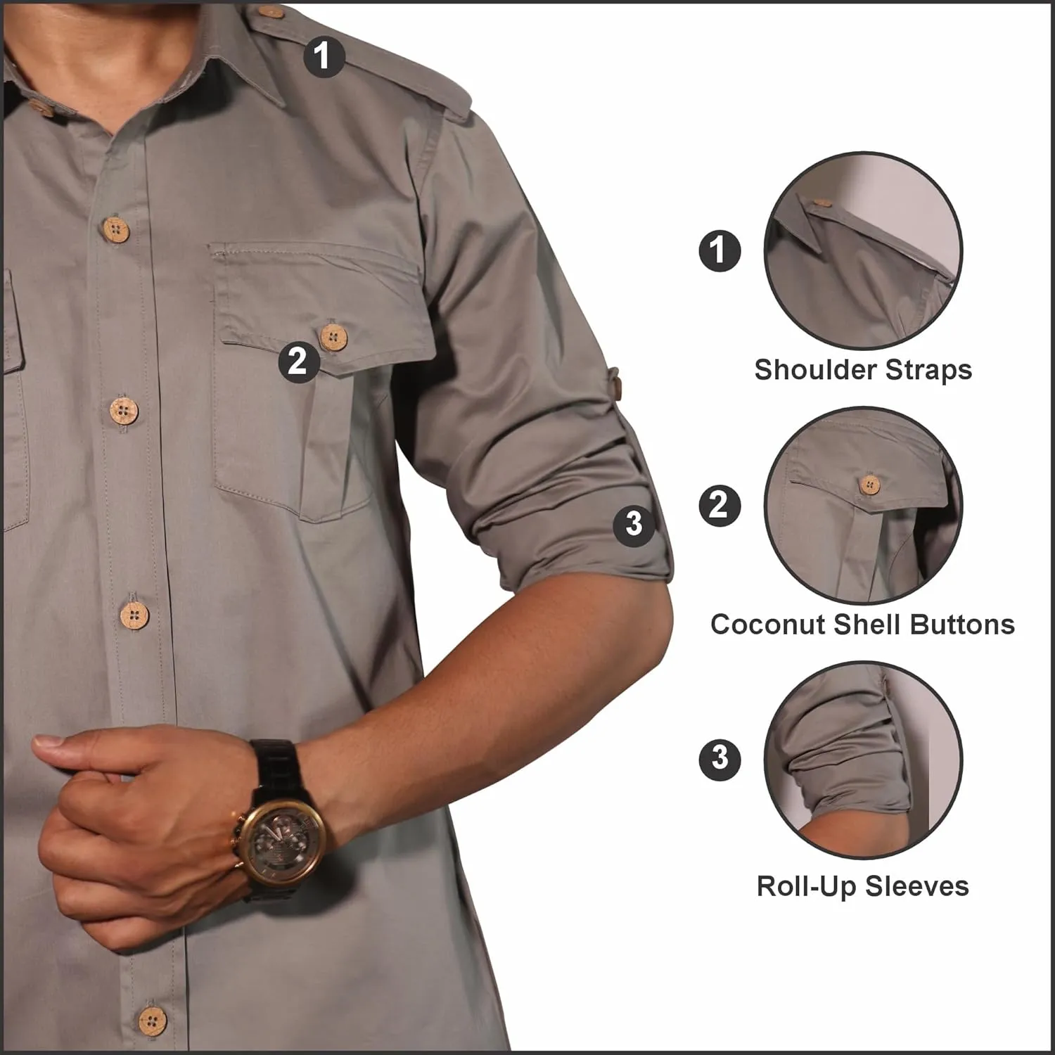 Men's Cotton 4 Pocket Hunting Safari Shirt with Coconut Shell Buttons Quick Dry Hiking Travel Fishing Long Sleeve Cargo Style
