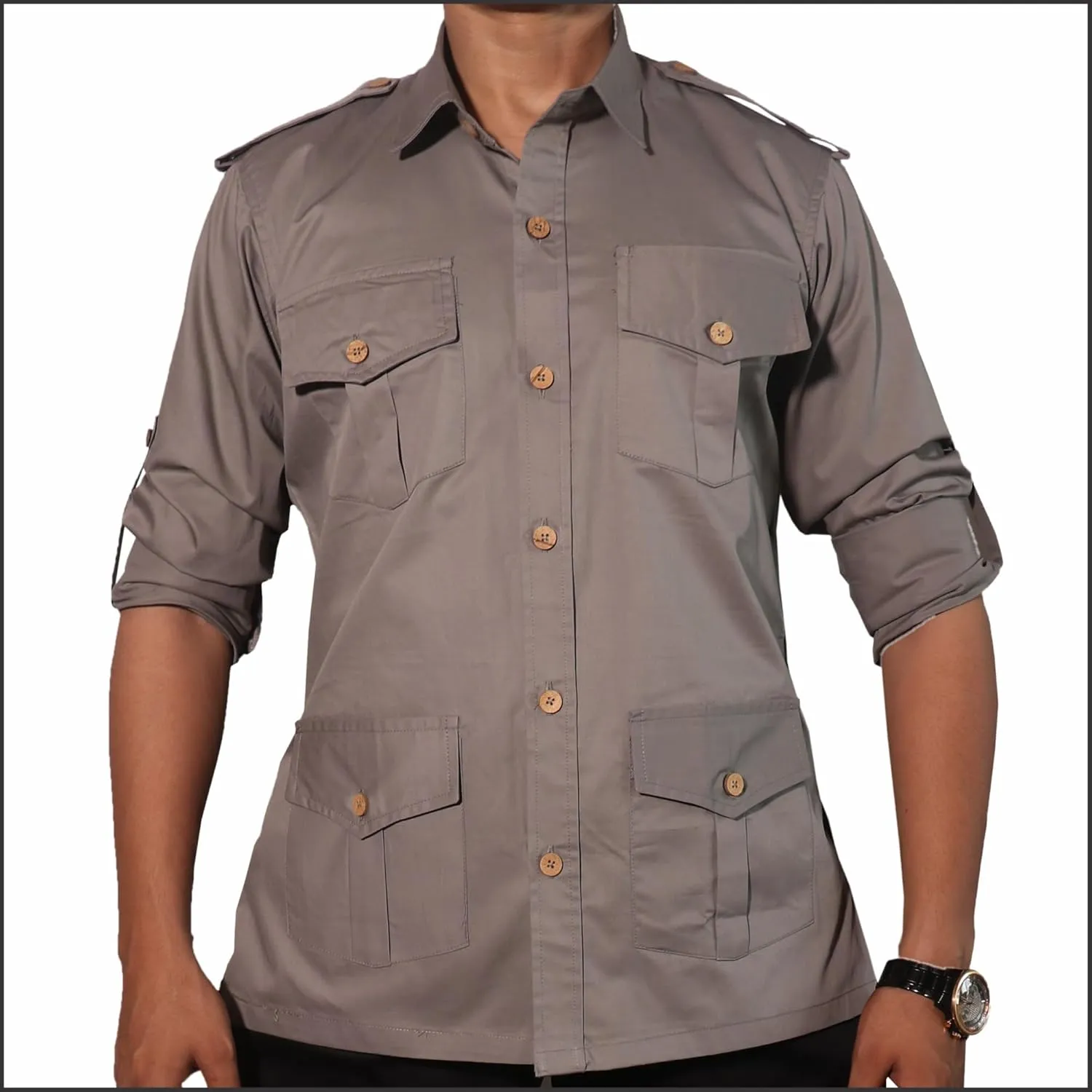 Men's Cotton 4 Pocket Hunting Safari Shirt with Coconut Shell Buttons Quick Dry Hiking Travel Fishing Long Sleeve Cargo Style