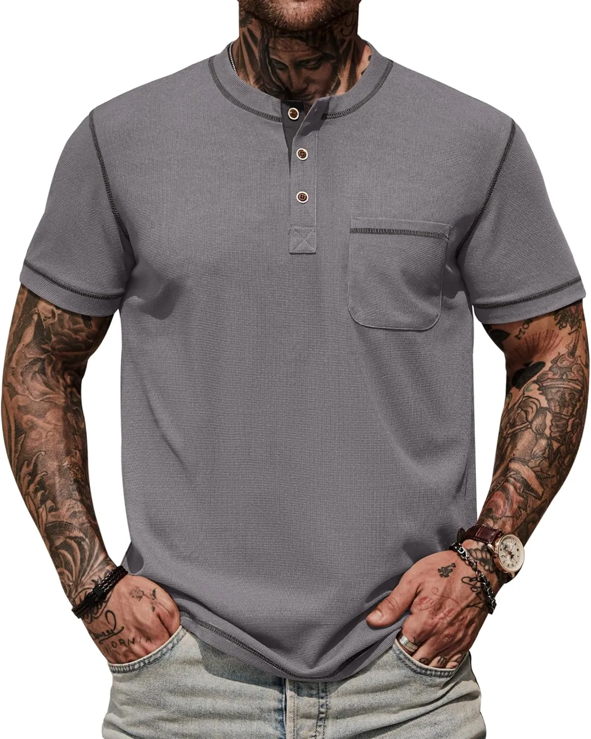 Mens Henley Shirts Casual Stretch Summer Lightweigh Waffle Short Sleeve T-Shirt with Pocket (S-XXL)