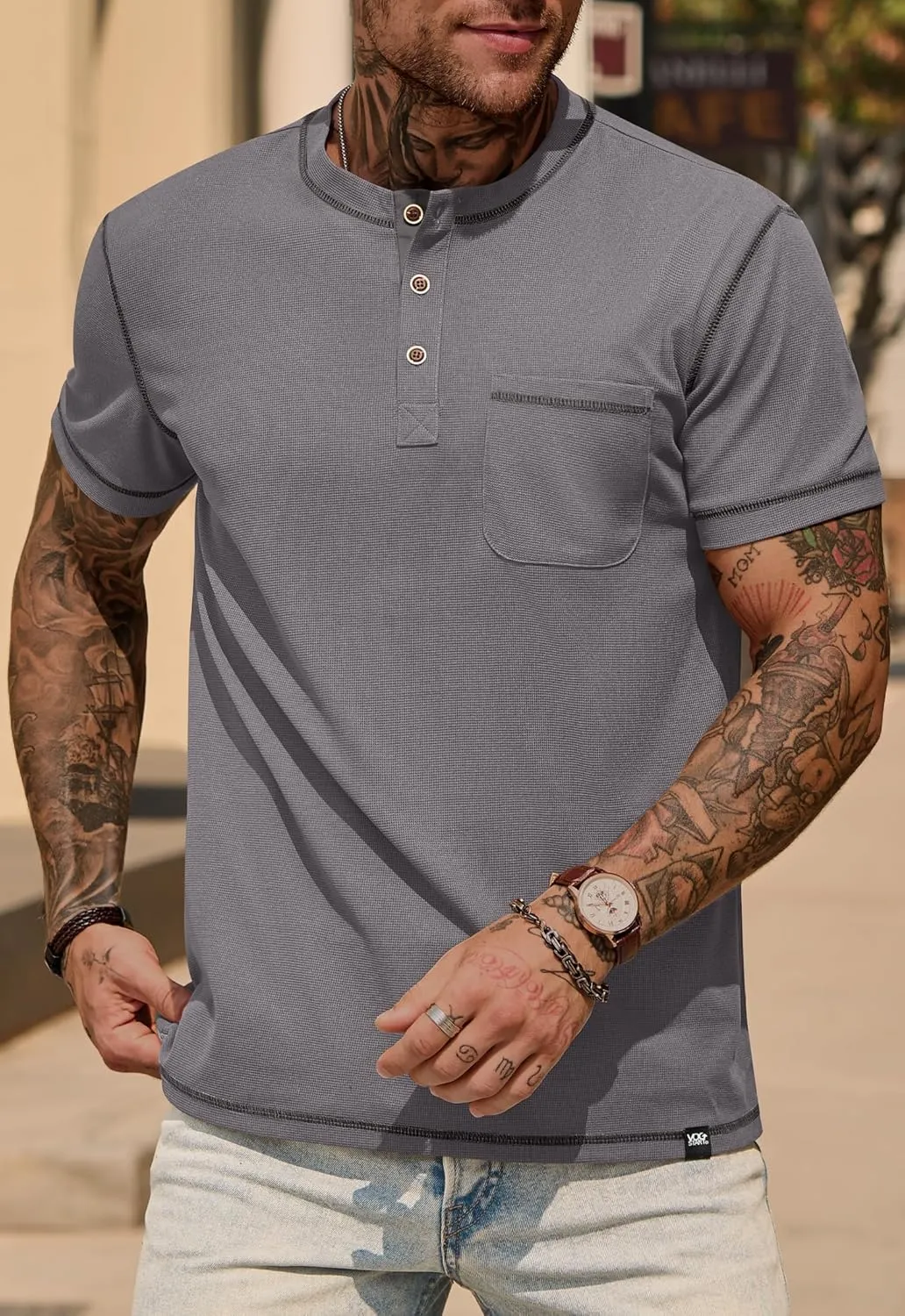 Mens Henley Shirts Casual Stretch Summer Lightweigh Waffle Short Sleeve T-Shirt with Pocket (S-XXL)