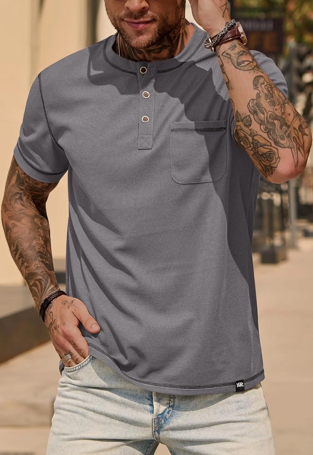 Mens Henley Shirts Casual Stretch Summer Lightweigh Waffle Short Sleeve T-Shirt with Pocket (S-XXL)