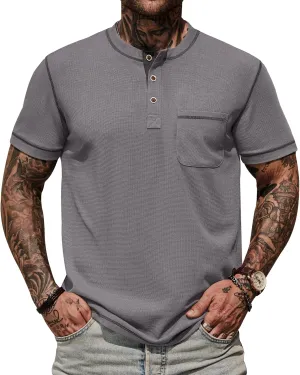 Mens Henley Shirts Casual Stretch Summer Lightweigh Waffle Short Sleeve T-Shirt with Pocket (S-XXL)