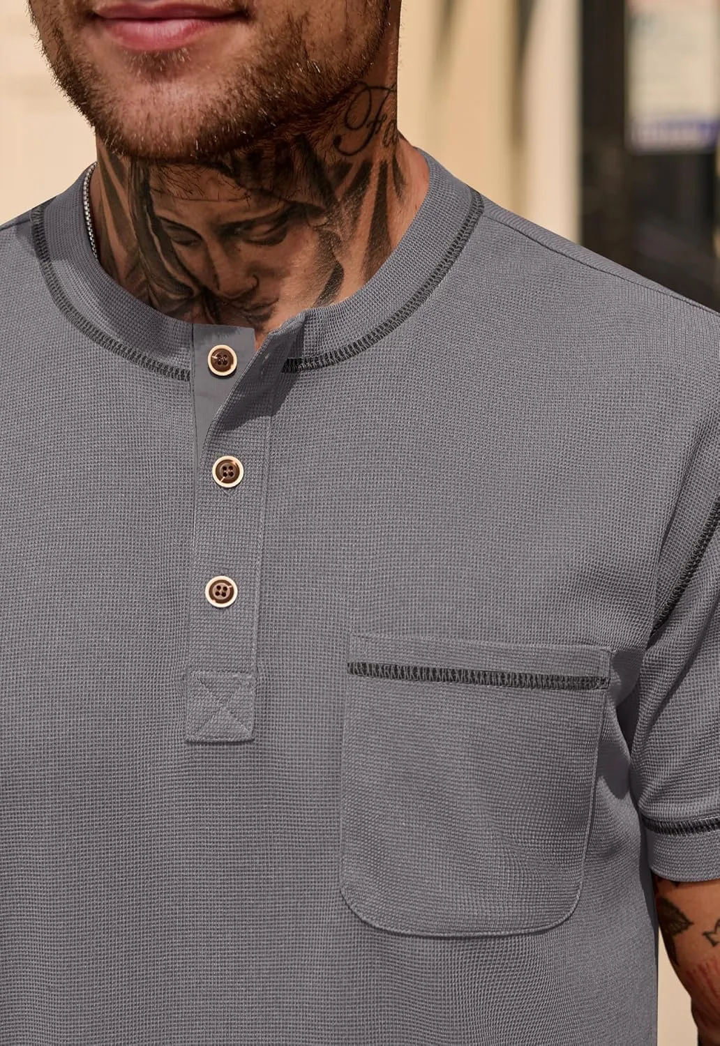 Mens Henley Shirts Casual Stretch Summer Lightweigh Waffle Short Sleeve T-Shirt with Pocket (S-XXL)