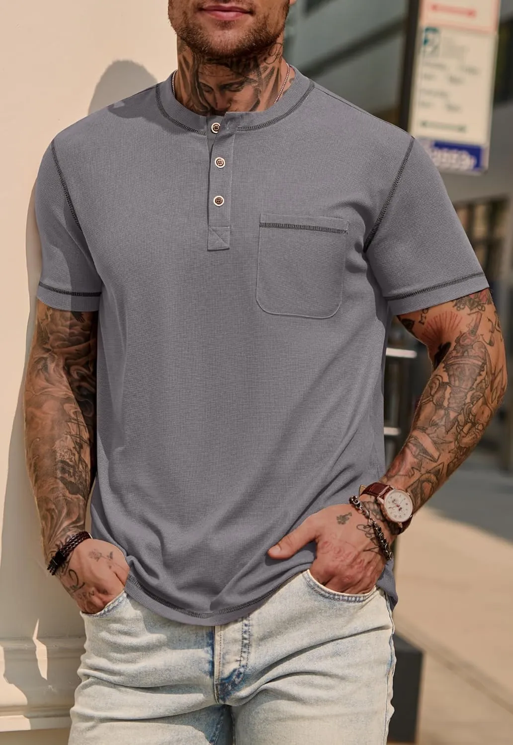 Mens Henley Shirts Casual Stretch Summer Lightweigh Waffle Short Sleeve T-Shirt with Pocket (S-XXL)