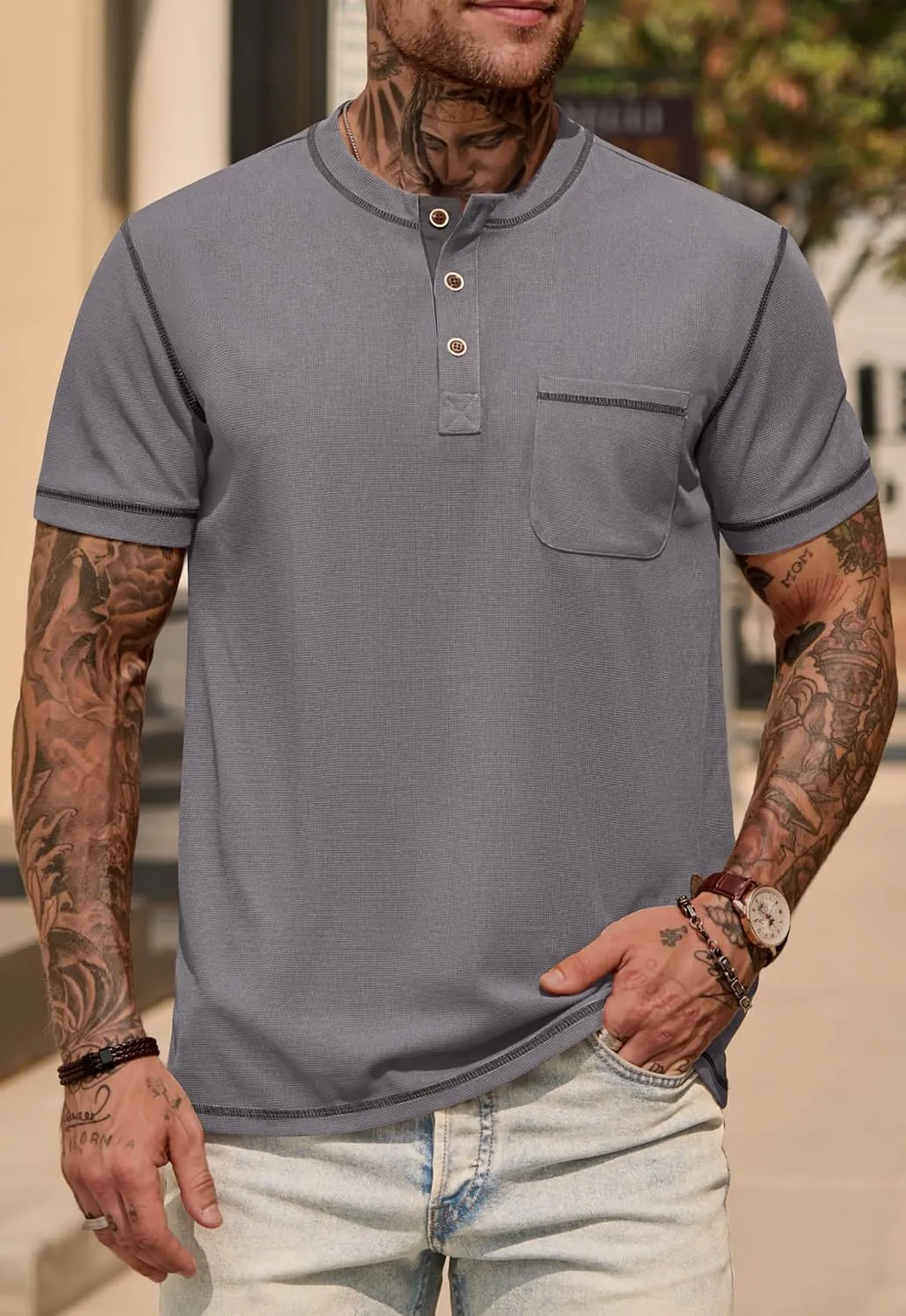 Mens Henley Shirts Casual Stretch Summer Lightweigh Waffle Short Sleeve T-Shirt with Pocket (S-XXL)