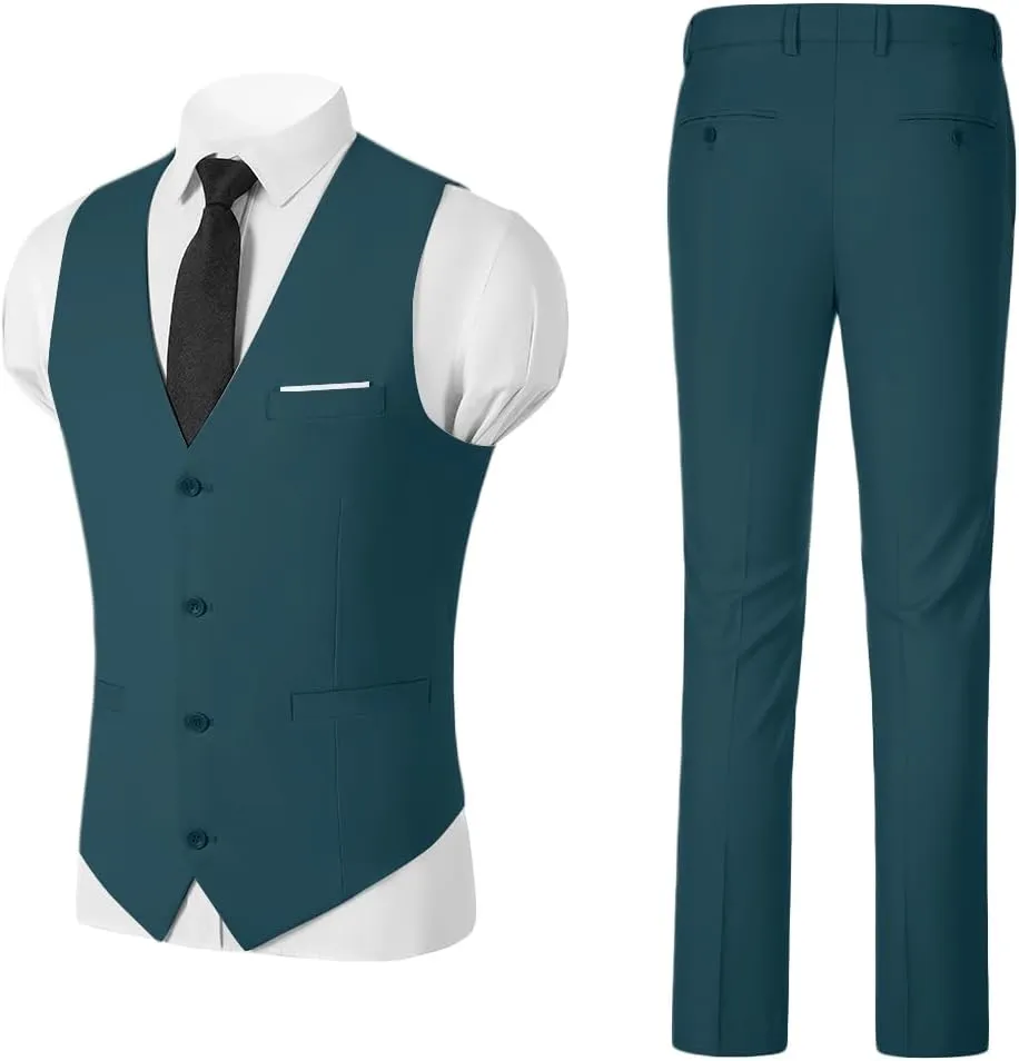 Mens Suits 2 Piece Slim Fit Suit Set V-Neck Solid Vest Pants Wedding Prom Tuxedo Set