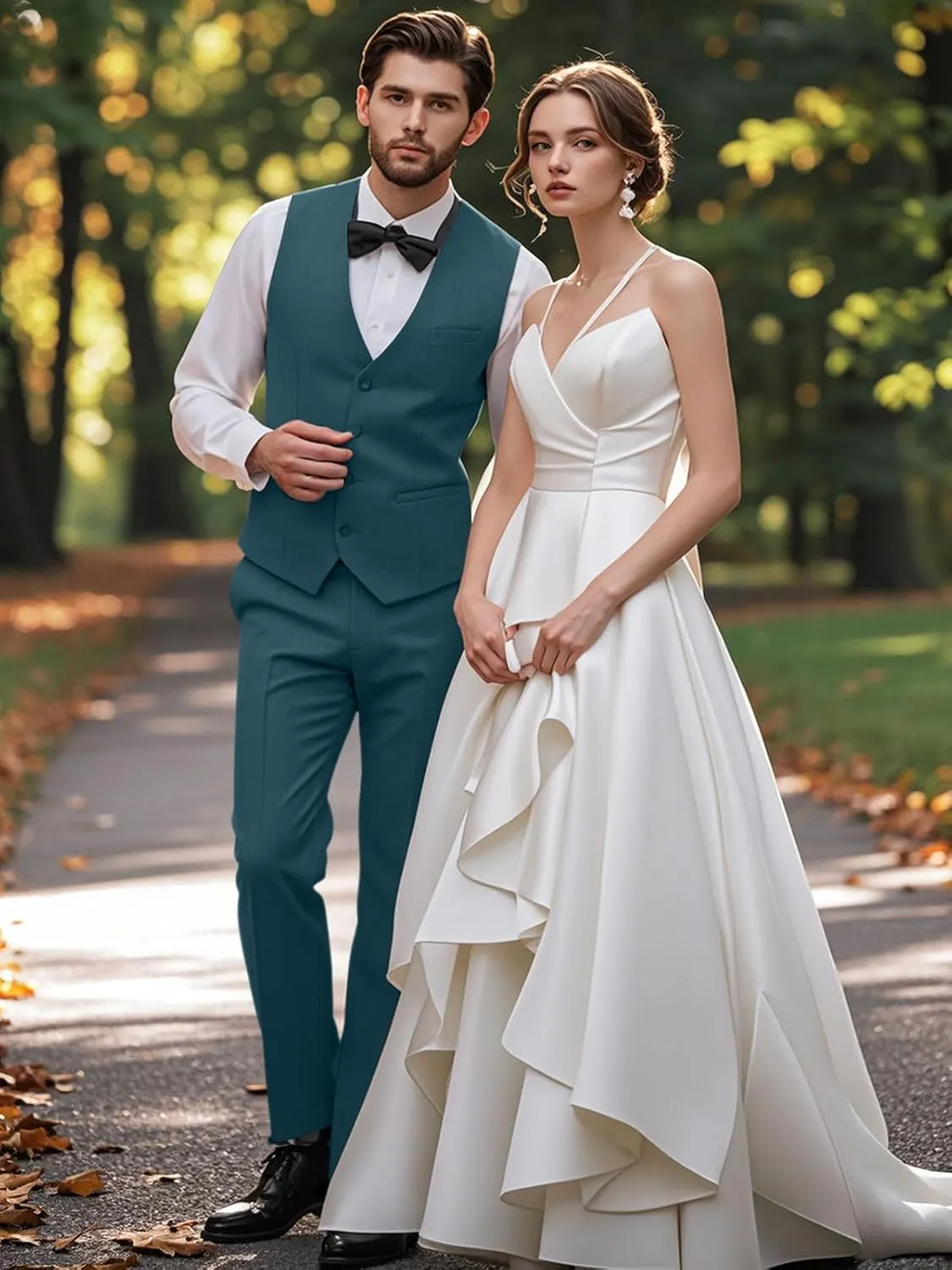 Mens Suits 2 Piece Slim Fit Suit Set V-Neck Solid Vest Pants Wedding Prom Tuxedo Set